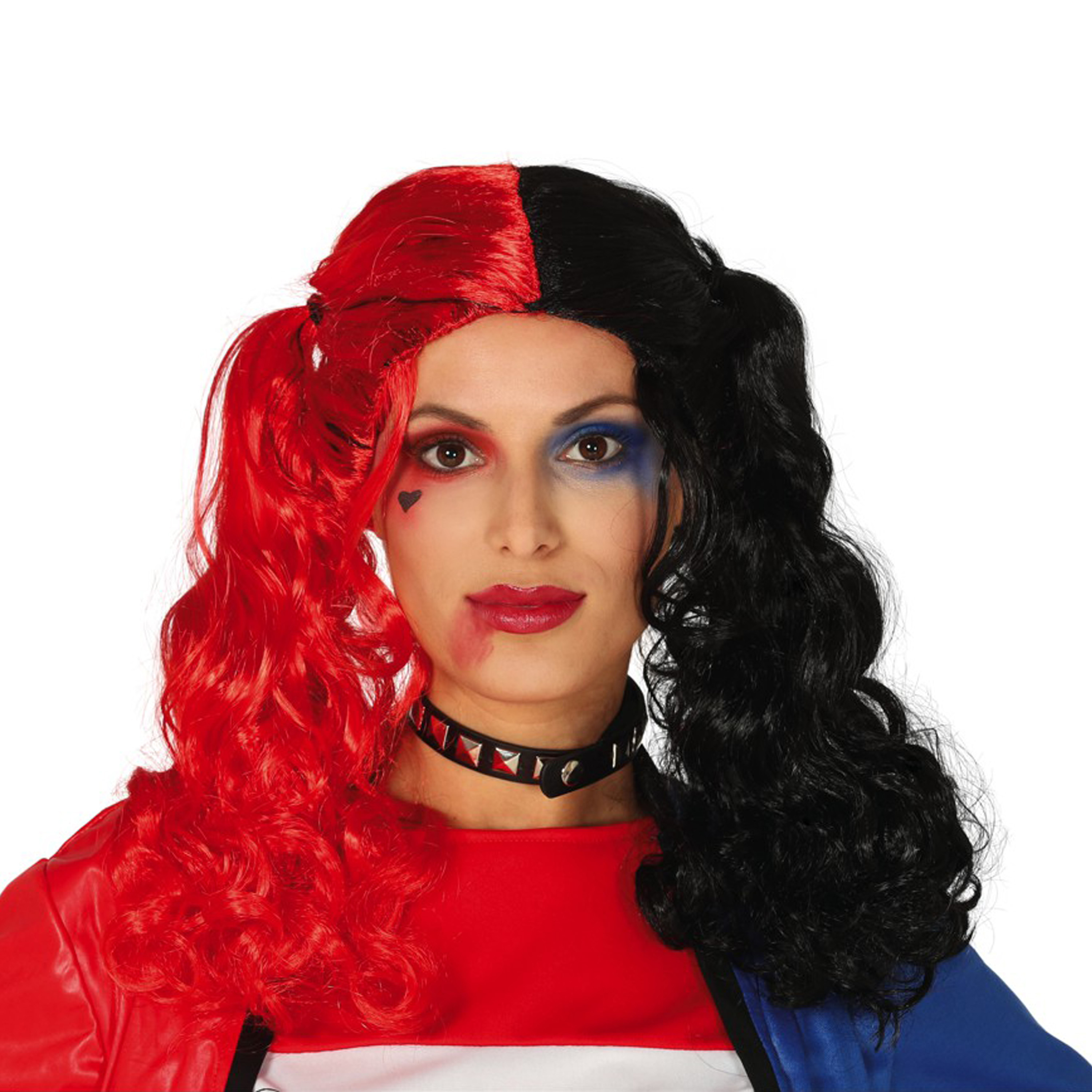 Halloween verkleedpruik lang haar met staartjes zwart-rood dames