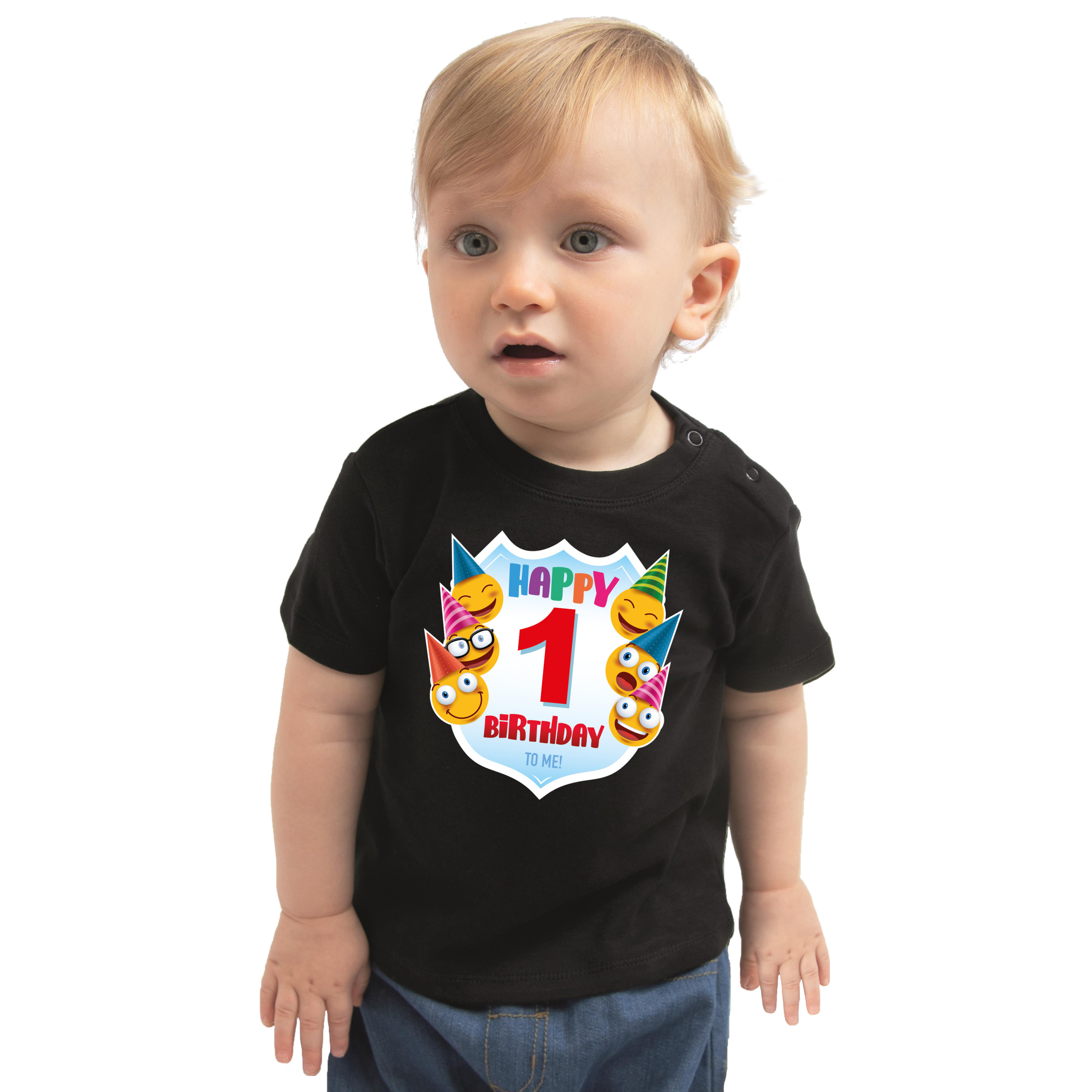 Happy birthday 1e verjaardag t-shirt-shirt 1 jaar met emoticons zwart voor baby