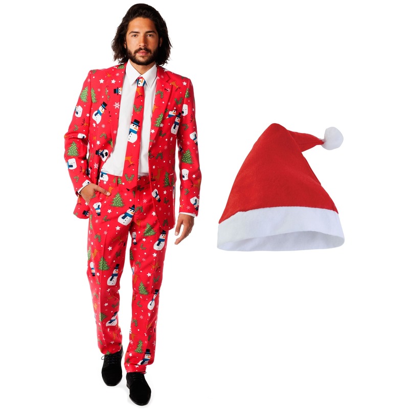 Heren Opposuits Kerst kostuum rood met kerstmuts maat 48 (M)