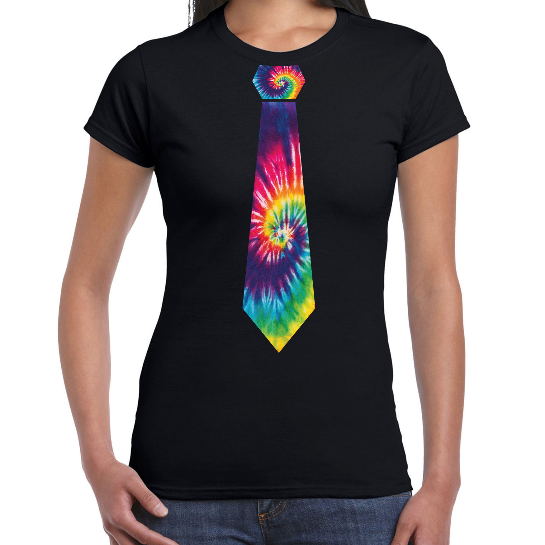 Hippie thema verkleed feest stropdas t-shirt tie dye voor dames zwart