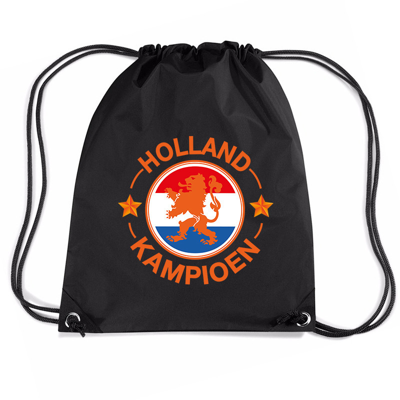 Holland kampioen leeuw voetbal rugzakje-sporttas met rijgkoord zwart