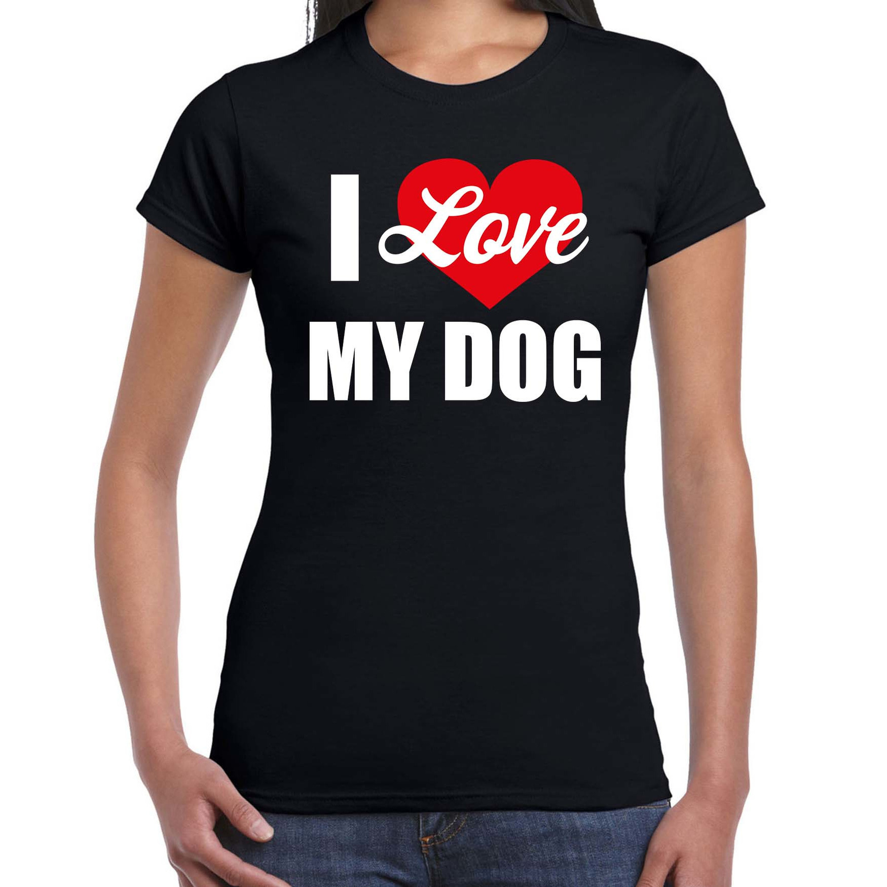 Honden t-shirt I love my dog-Ik hou van mijn hond zwart voor dames