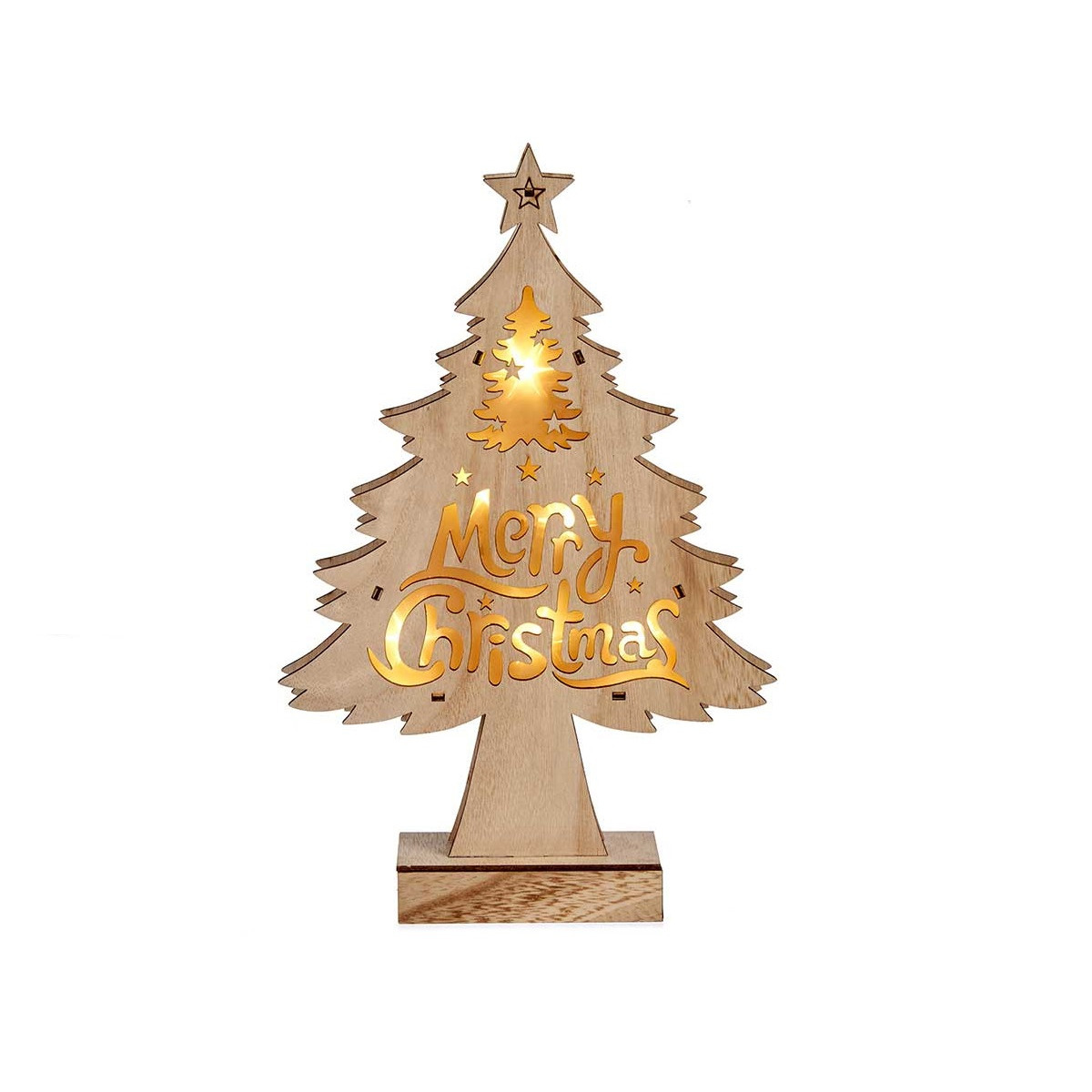 Houten kerstboompje decoratie van 32 cm met LED verlichting Merry Christmas wish