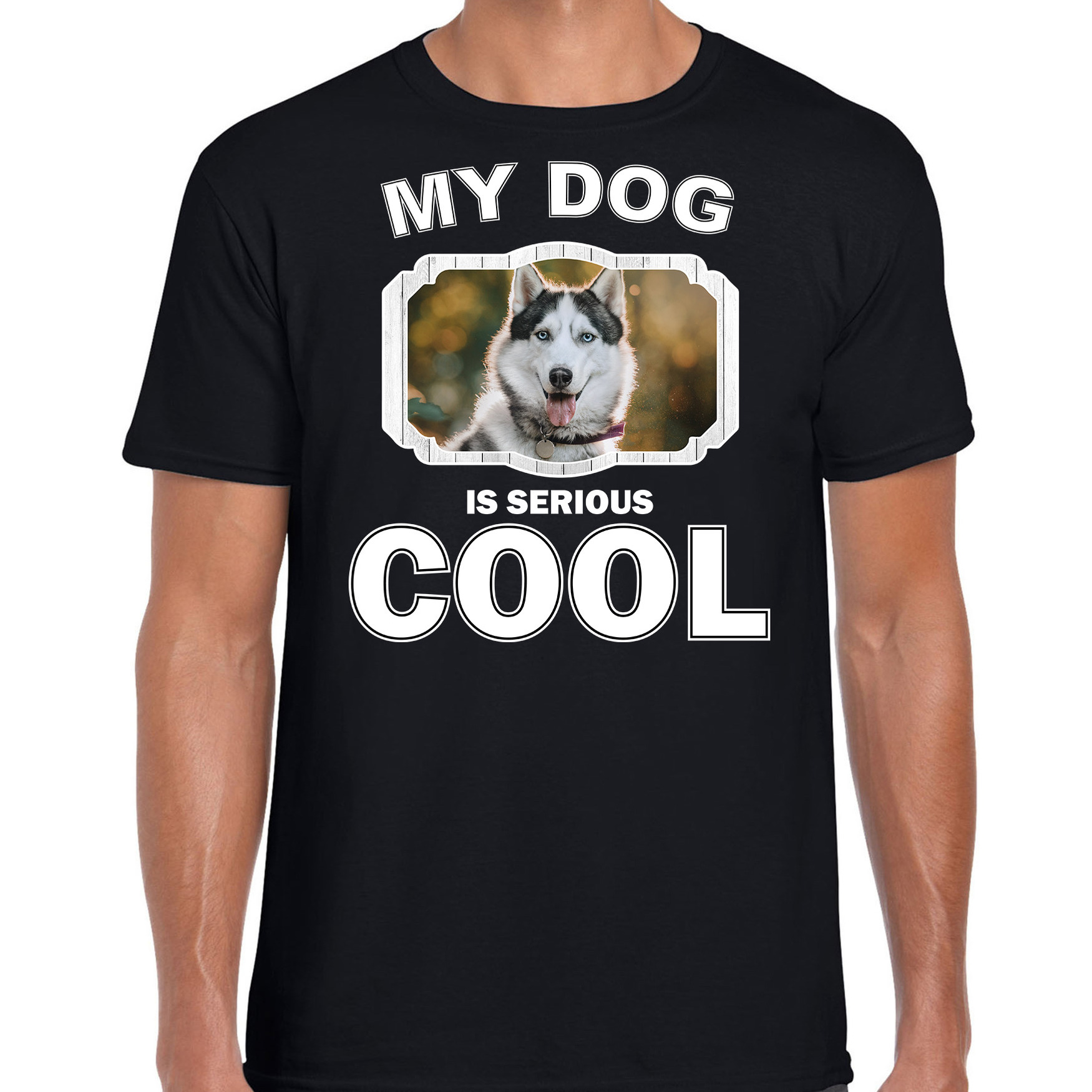 Husky honden t-shirt my dog is serious cool zwart voor heren