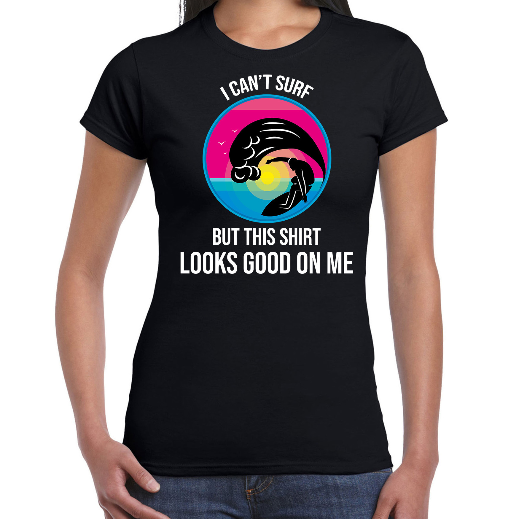 I can not surf but this shirt looks good on me fun tekst t-shirt-shirt zwart voor dames