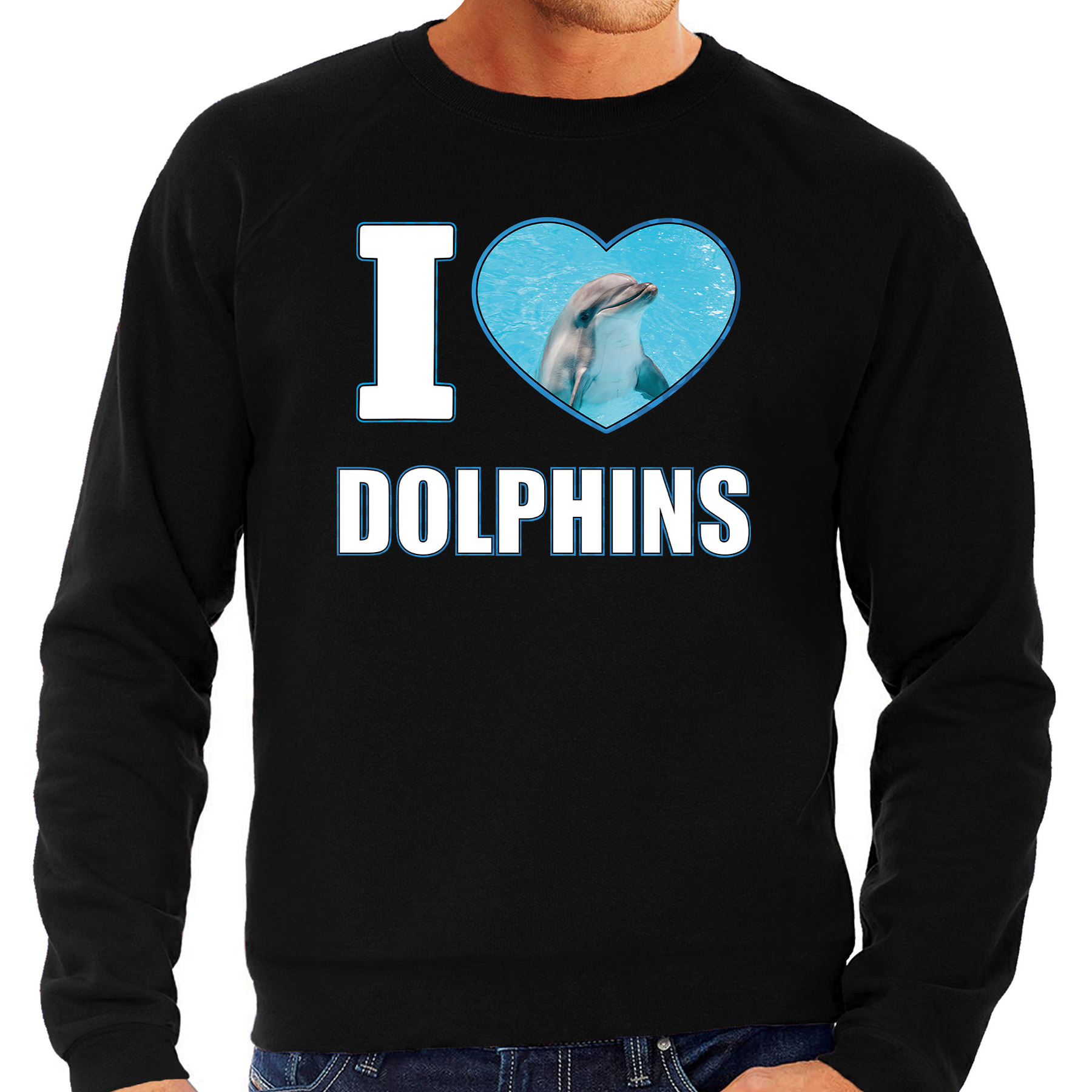 I love dolphins sweater / trui met dieren foto van een dolfijn zwart voor heren