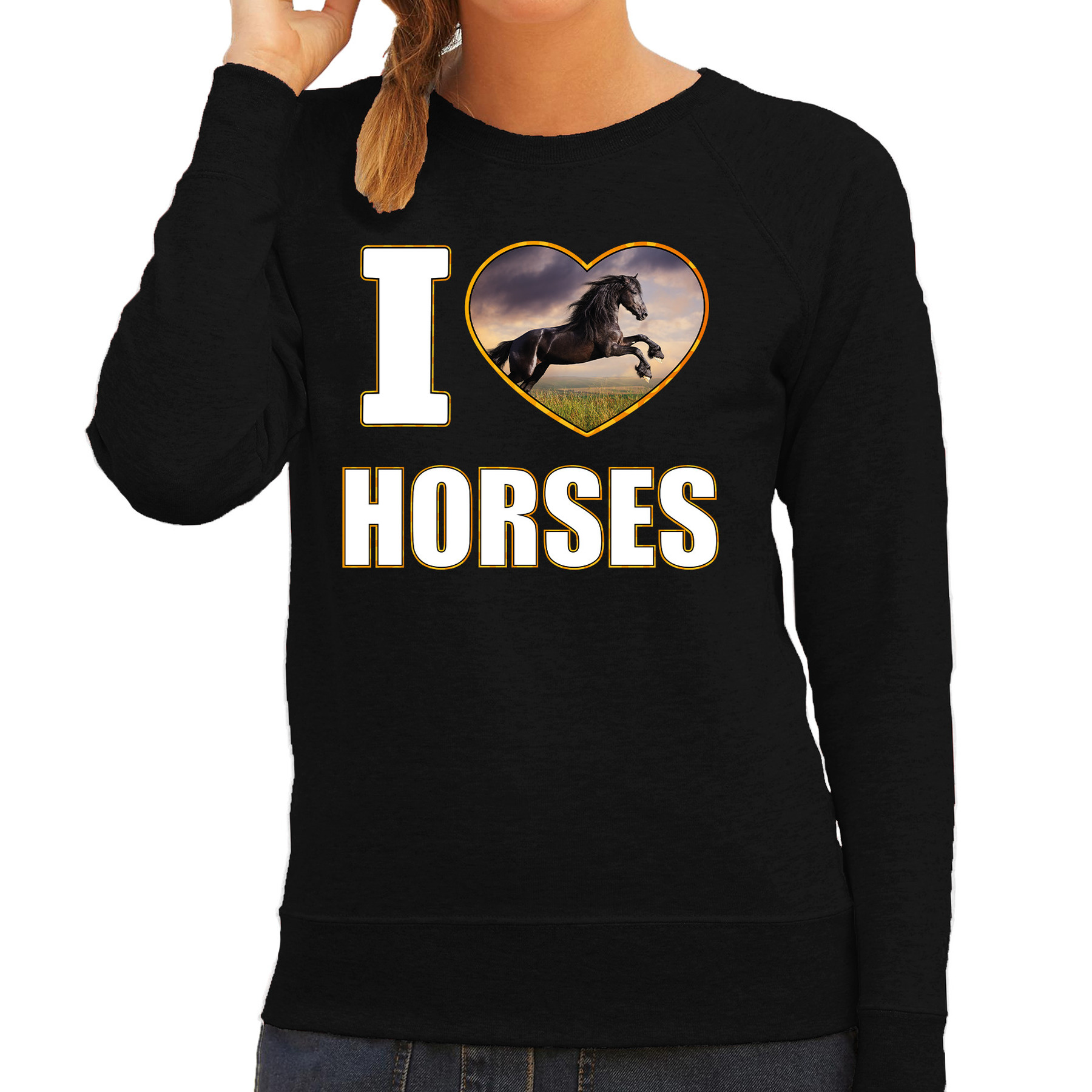 I love horses sweater / trui met dieren foto van een zwart paard zwart voor dames