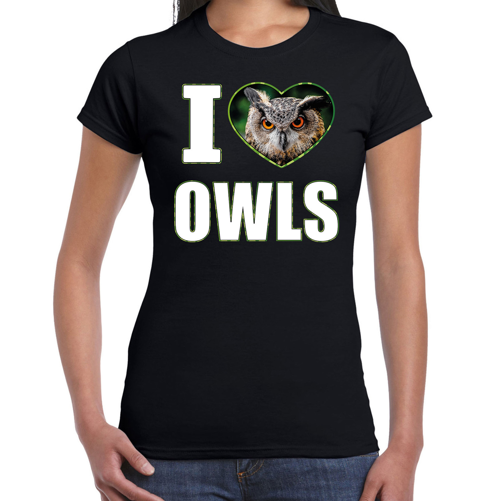 I love owls t-shirt met dieren foto van een uil zwart voor dames