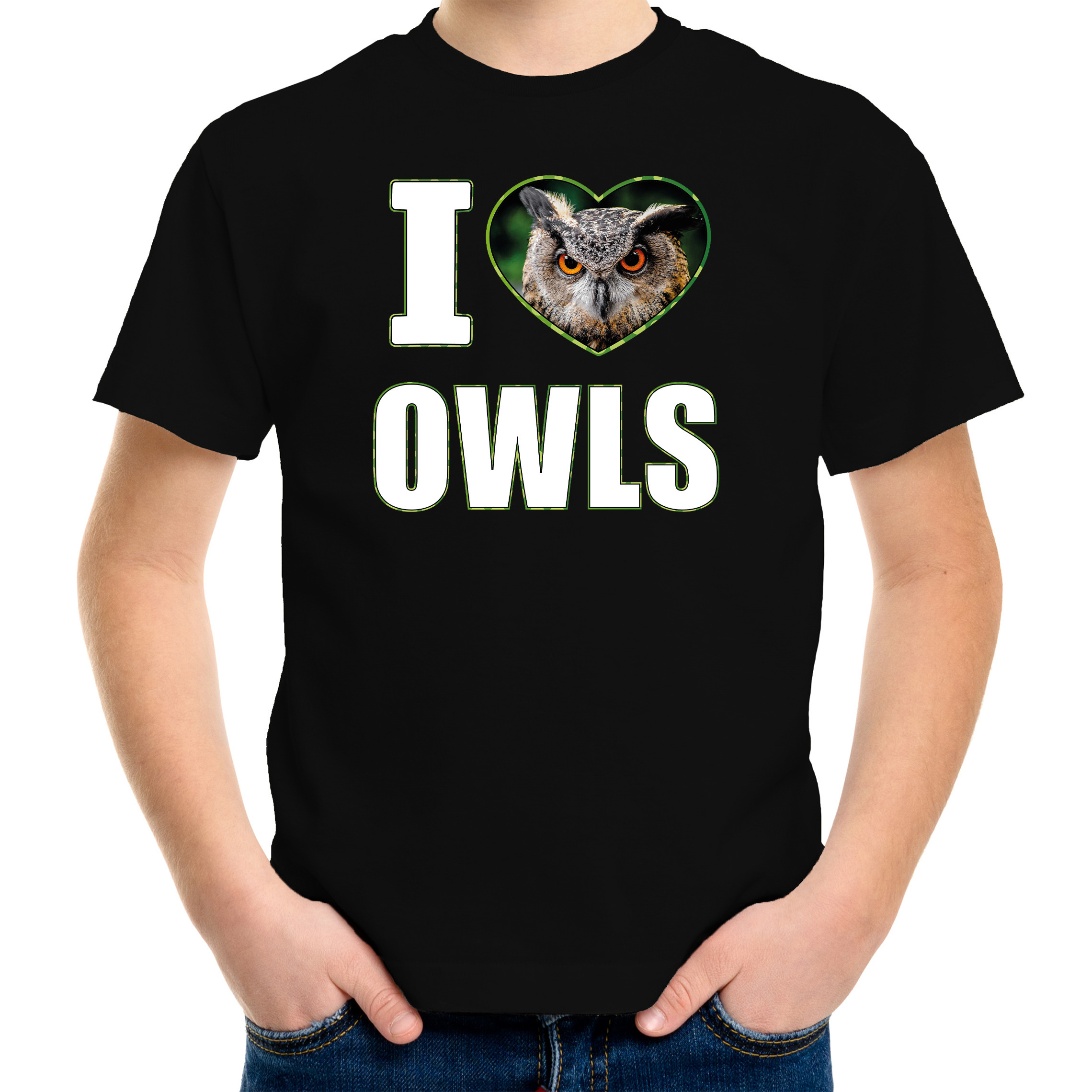 I love owls t-shirt met dieren foto van een uil zwart voor kinderen