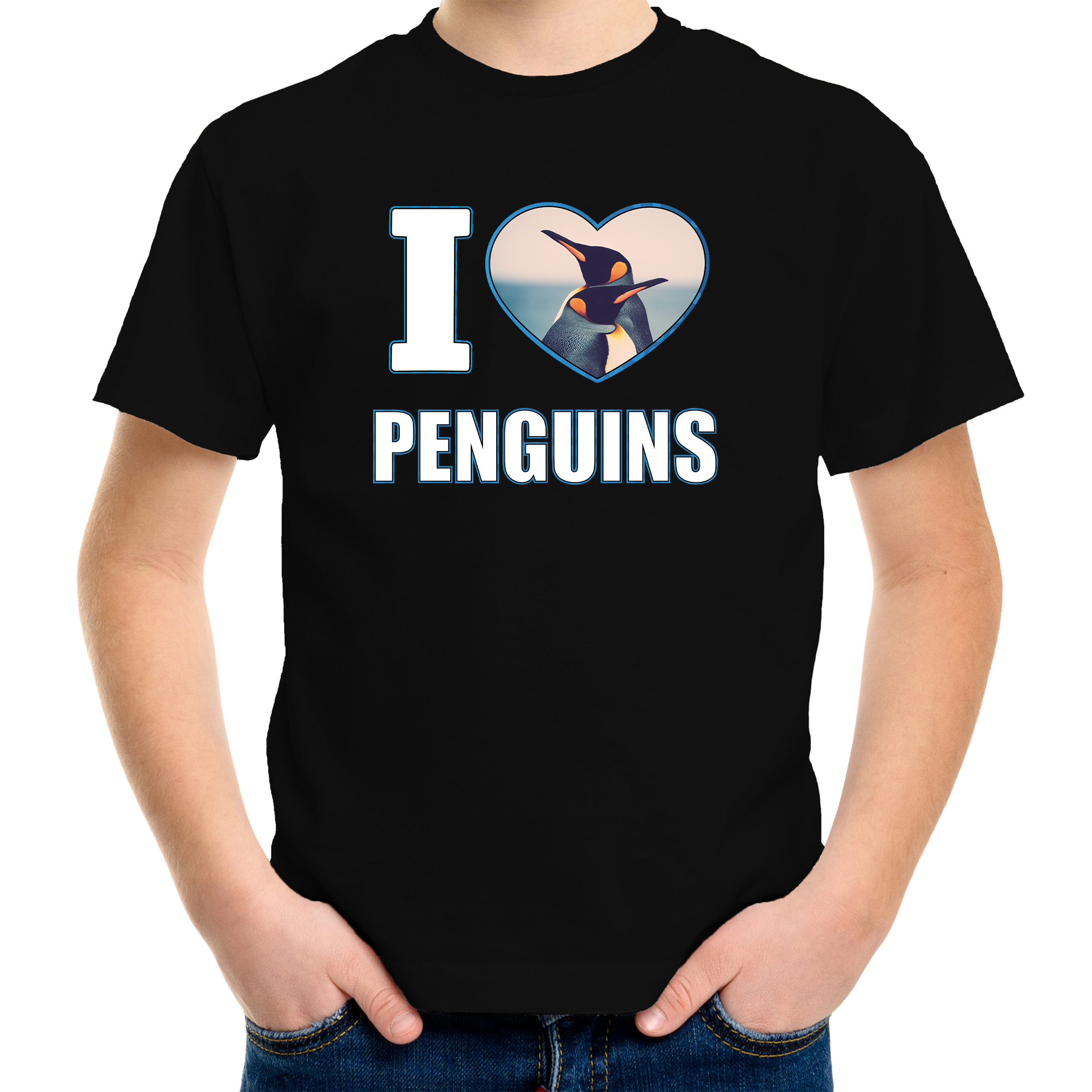 I love penguins t-shirt met dieren foto van een pinguin zwart voor kinderen