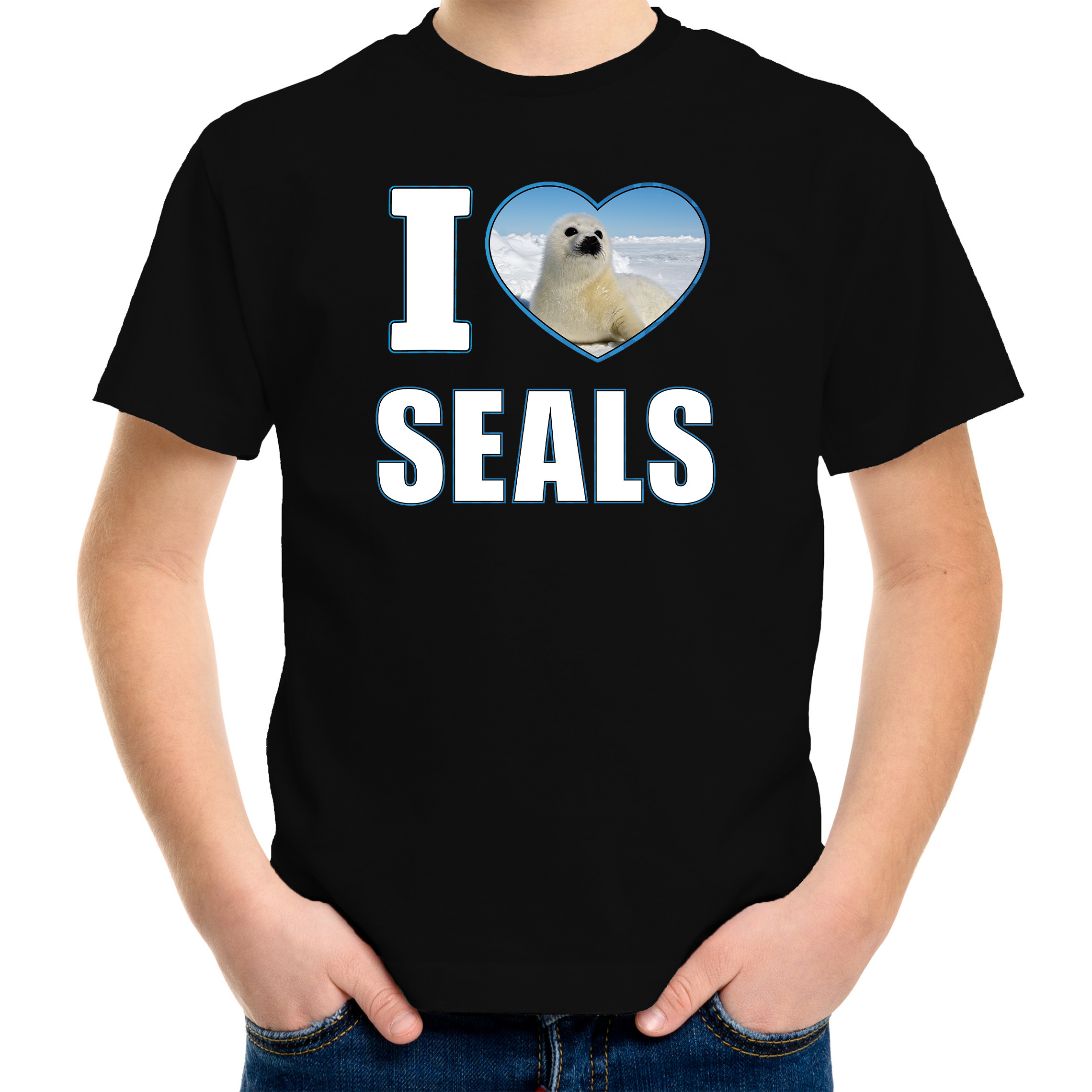 I love seals t-shirt met dieren foto van een zeehond zwart voor kinderen