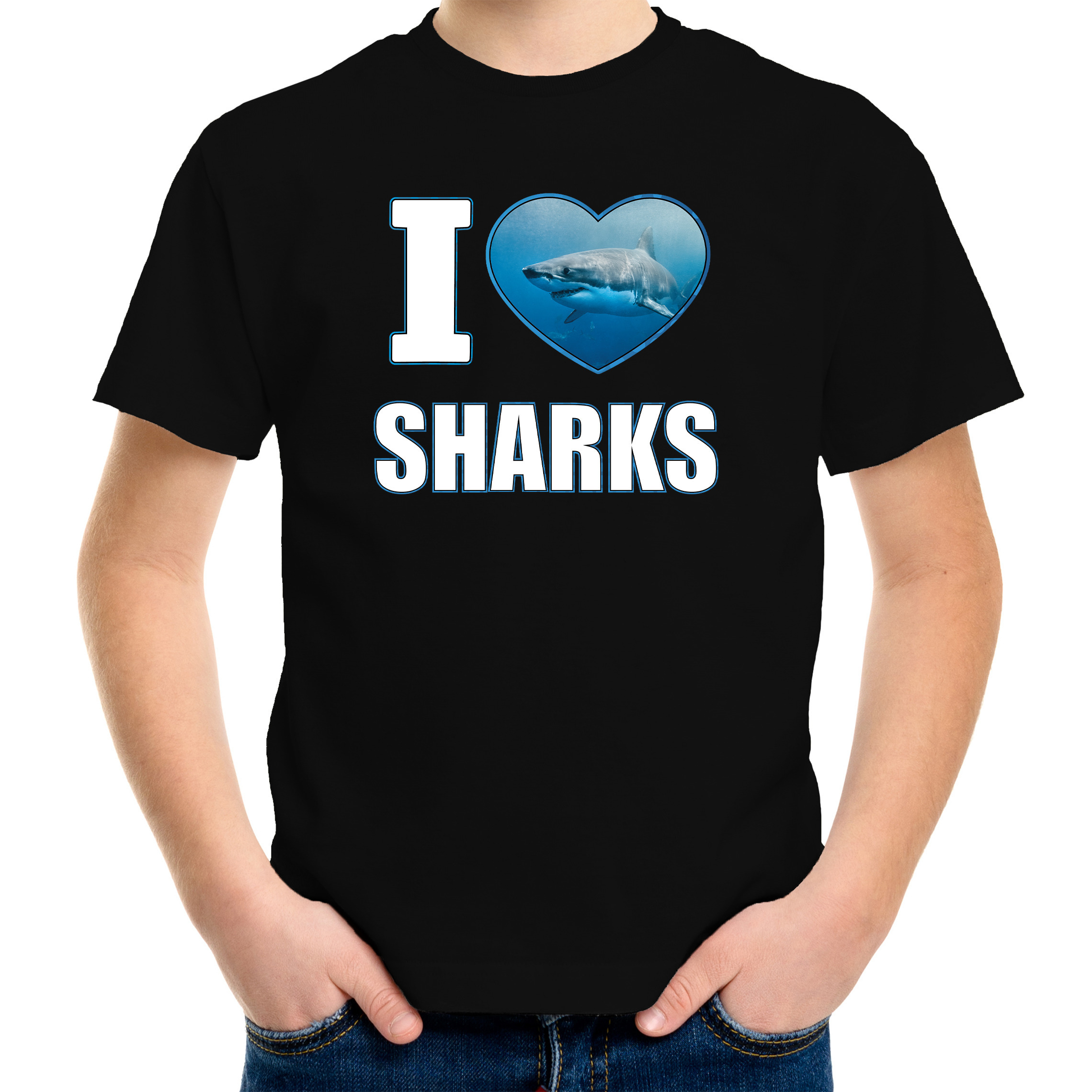 I love sharks t-shirt met dieren foto van een haai zwart voor kinderen