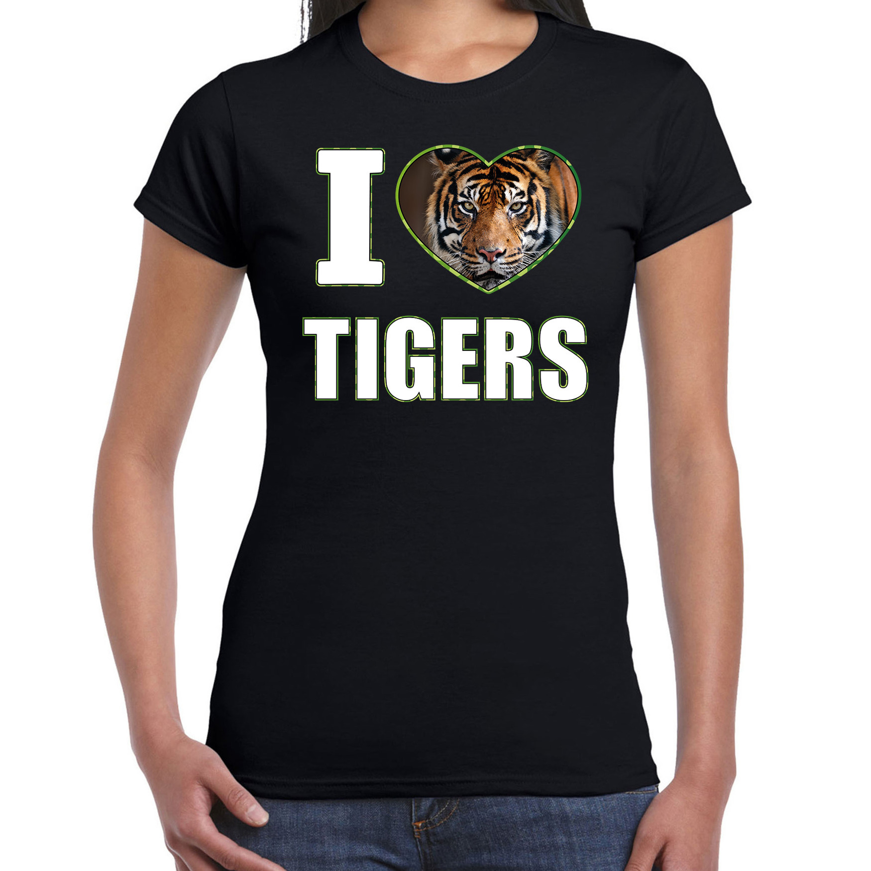 I love tigers t-shirt met dieren foto van een tijger zwart voor dames