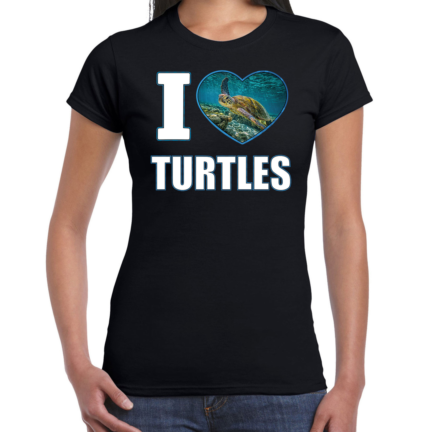 I love turtles t-shirt met dieren foto van een schildpad zwart voor dames