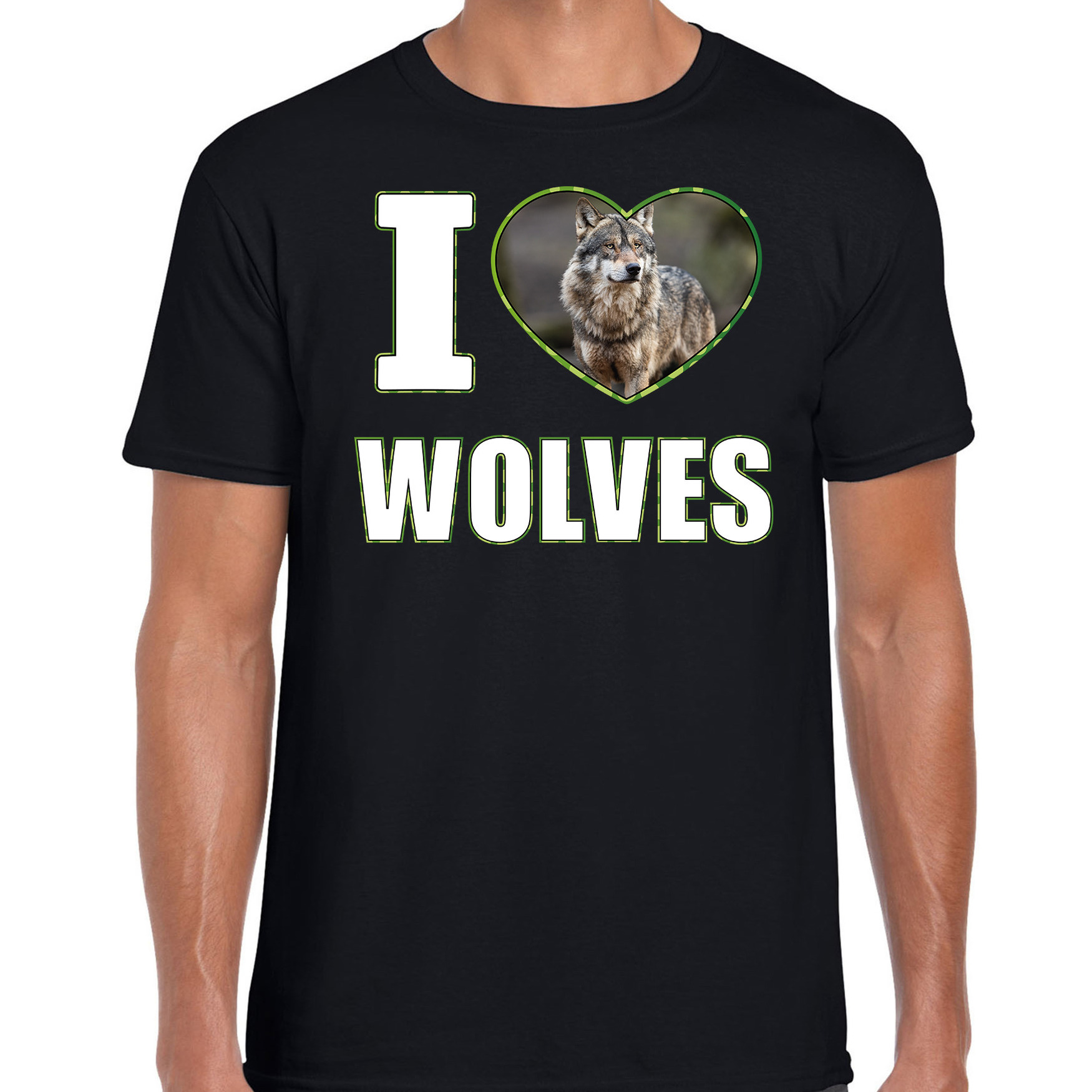 I love wolves t-shirt met dieren foto van een wolf zwart voor heren