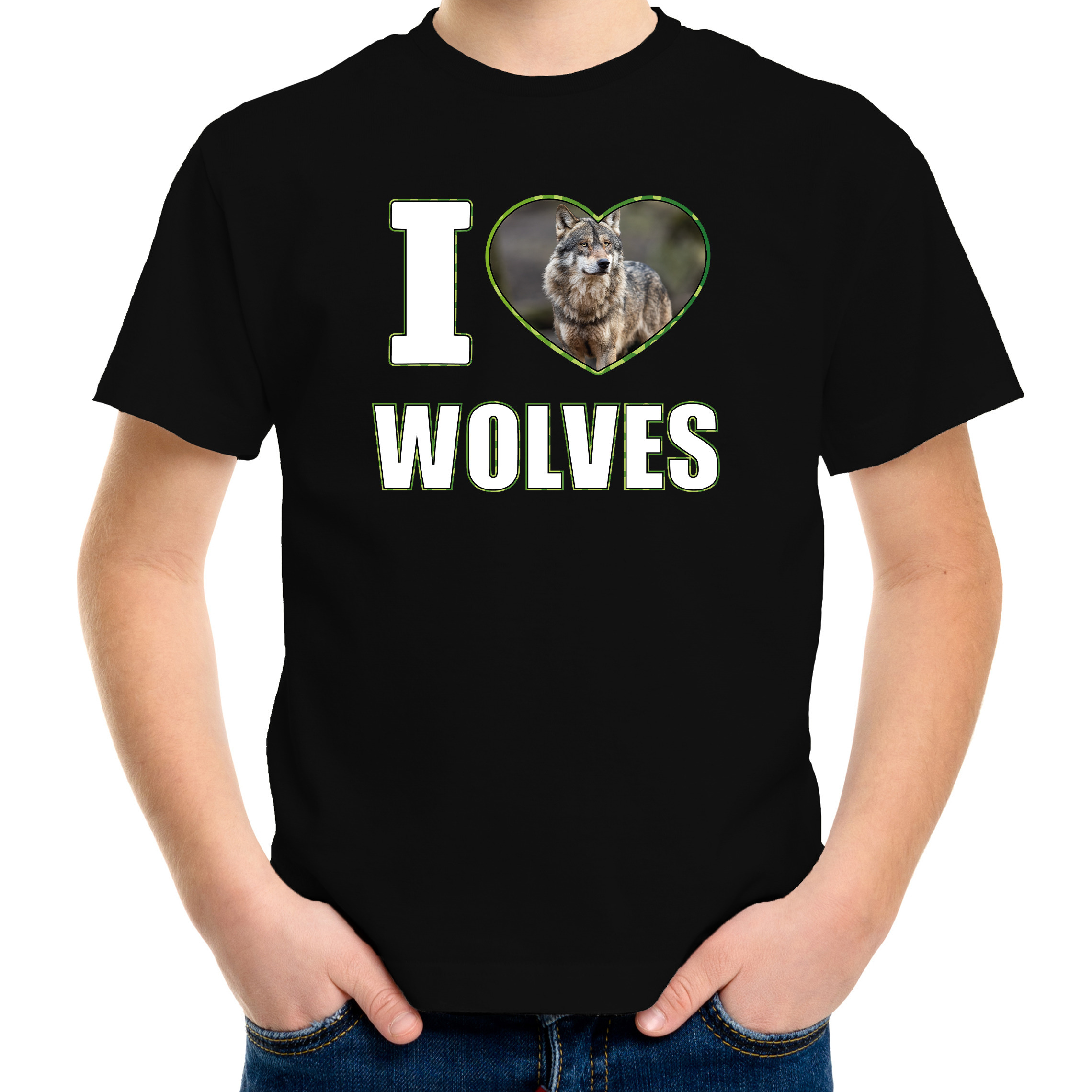 I love wolves t-shirt met dieren foto van een wolf zwart voor kinderen
