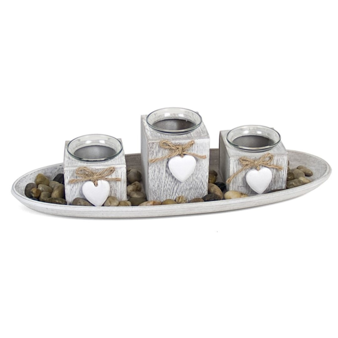 Kaarsen plateau-bord met 3 kaarsenhouders en deco stenen voor theelichtjes