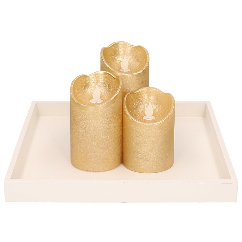 Kaarsenonderbord-plateau wit hout met 3x LED kaarsen goud