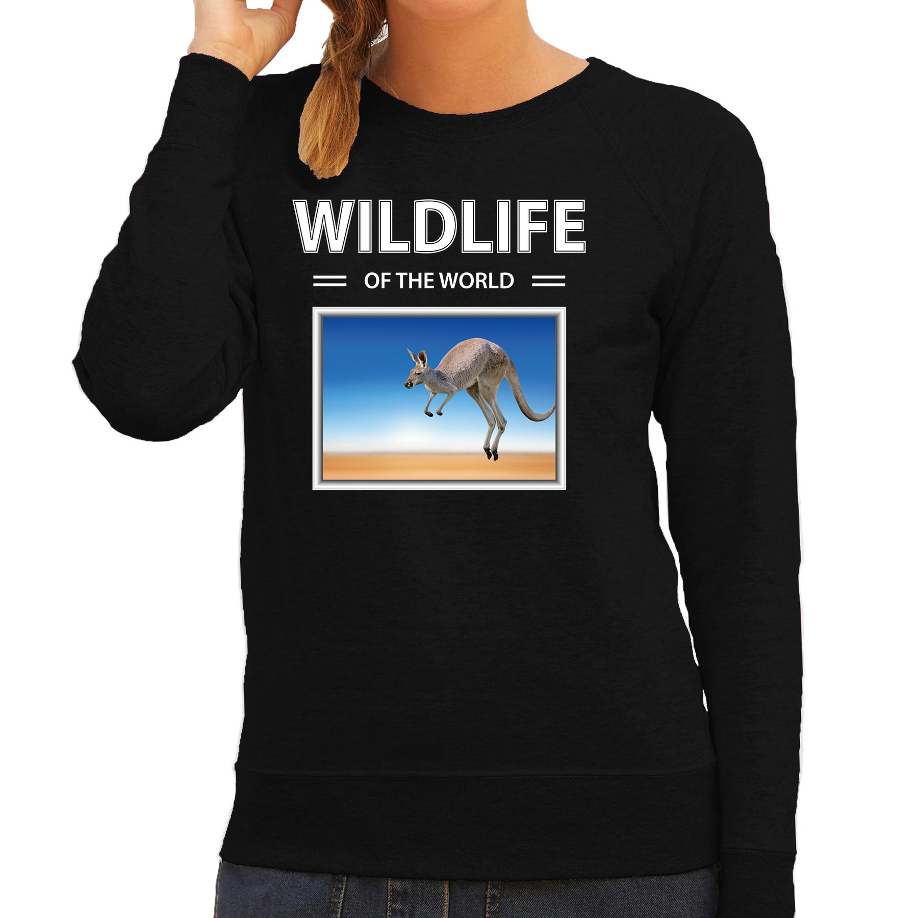 Kangaroe sweater / trui met dieren foto wildlife of the world zwart voor dames