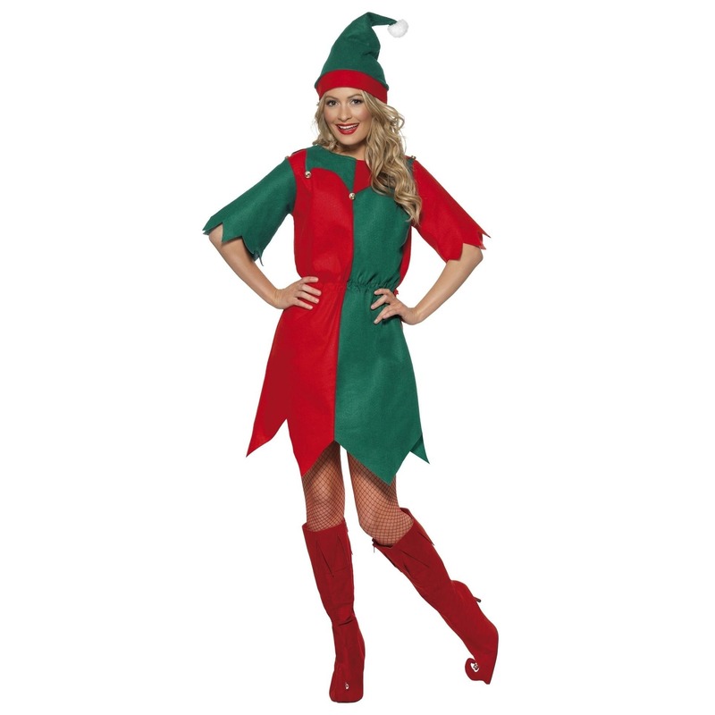 Kerst elfen kostuum rood-groen voor dames