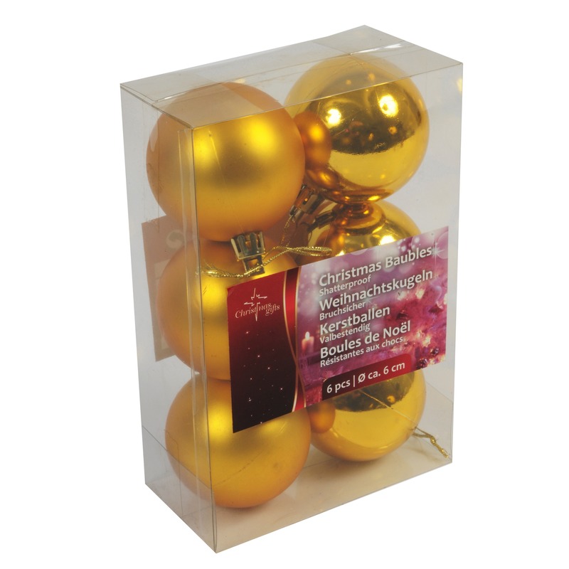 Kerst gouden kerstballen mix van kunststof 6 stuks