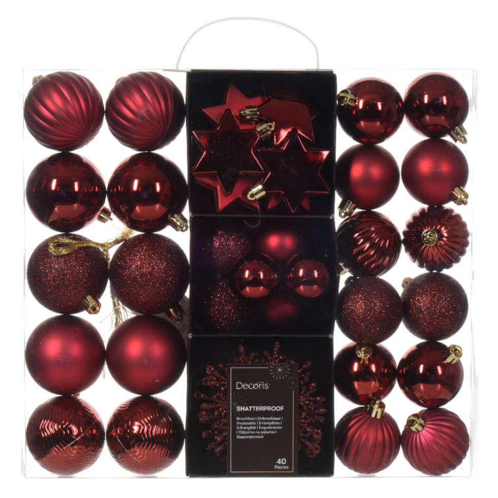 Kerstballen en ornamenten 40x kunststof donkerrood mix