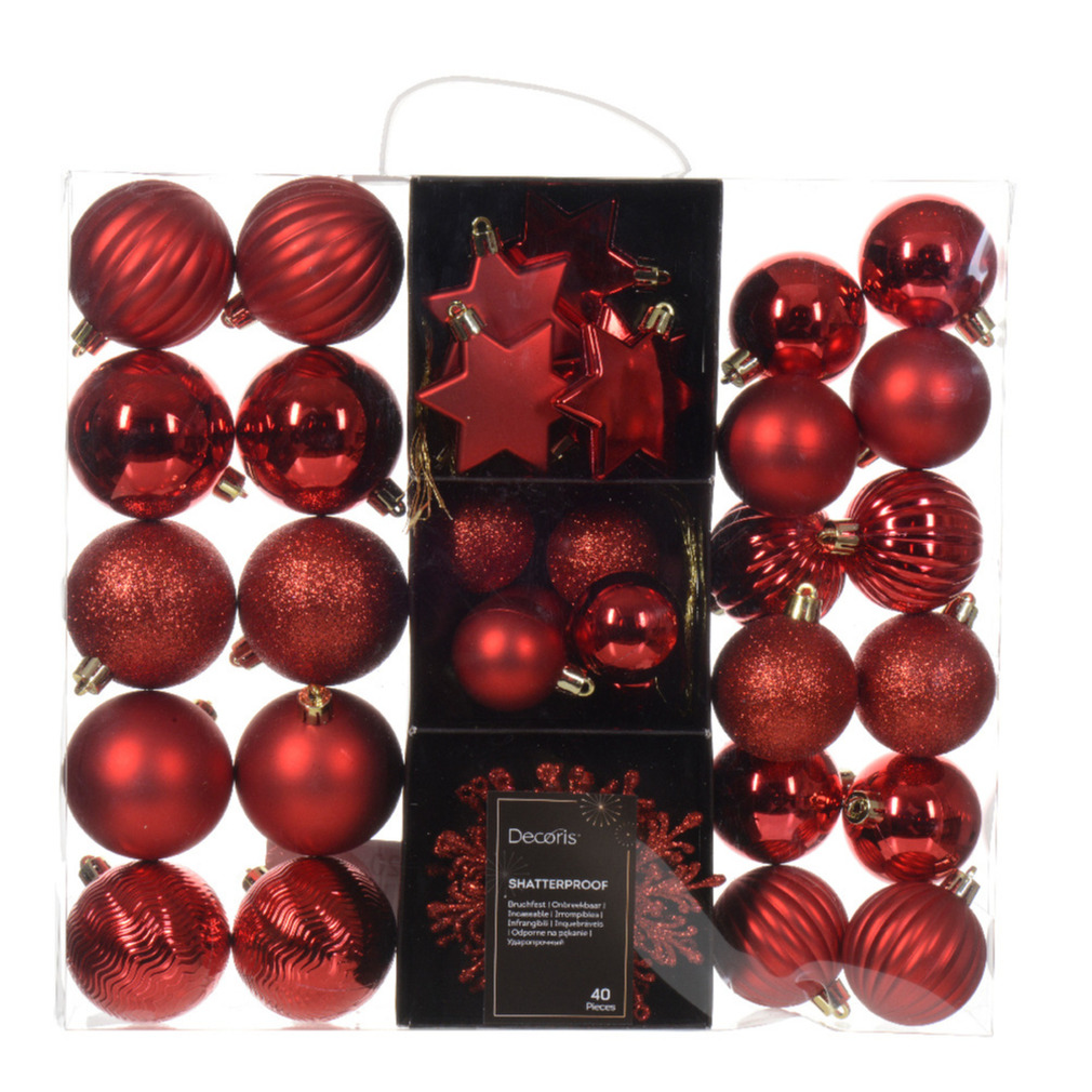Kerstballen en ornamenten 40x kunststof rood mix