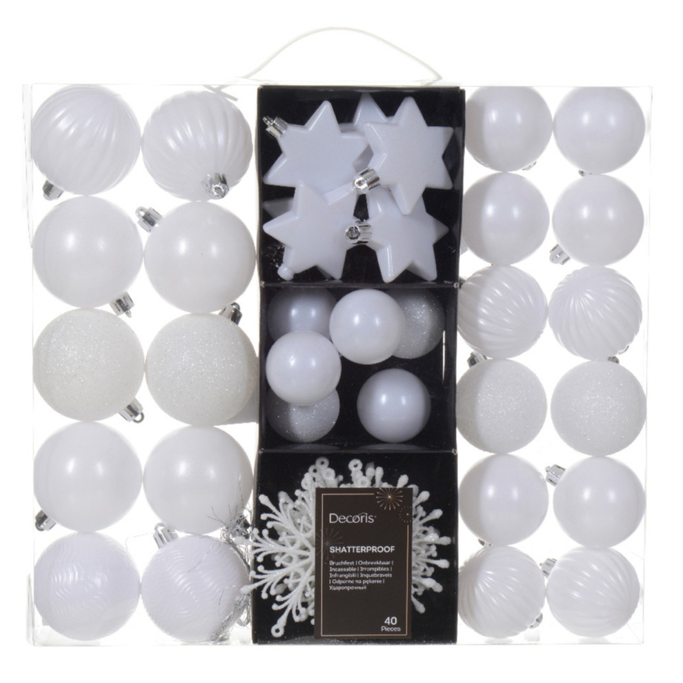 Kerstballen en ornamenten 40x kunststof wit mix