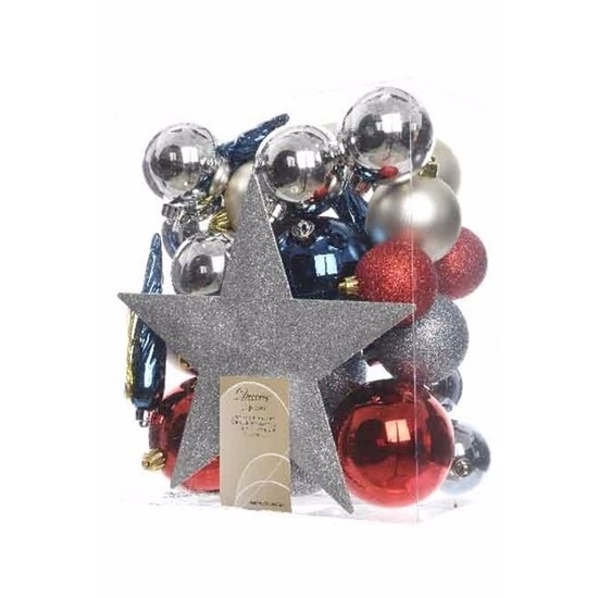 Kerstballen pakket met piek rood-zilver-blauw