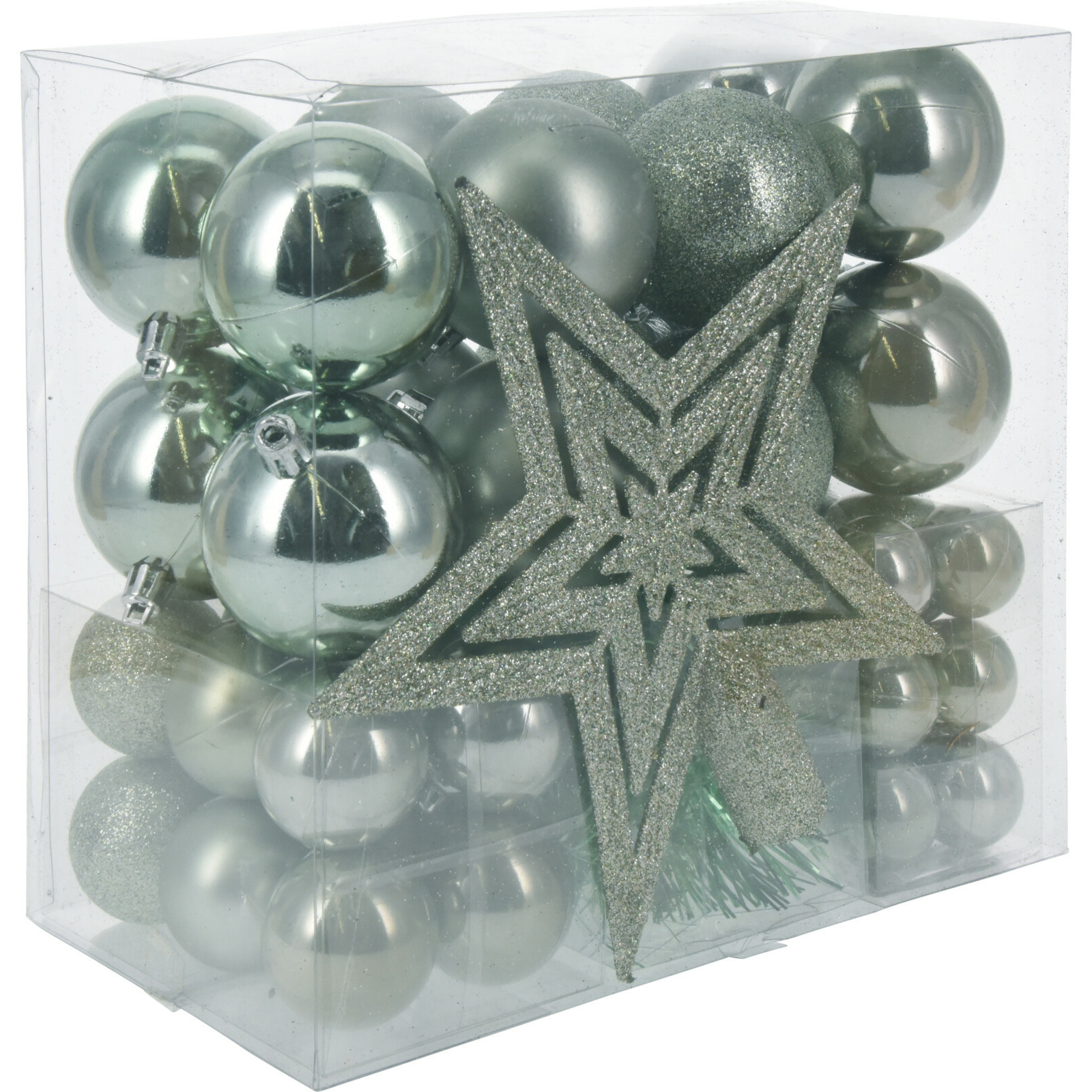 Kerstballen set 3,4,6 cm met ster piek 54-dlg kunststof mintgroen