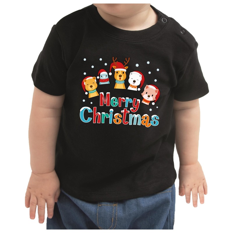 Kerstshirt Merry Christmas diertjes zwart baby jongen-meisje