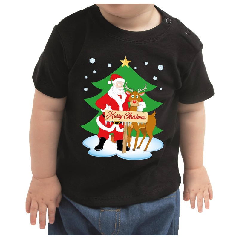 Kerstshirt Merry Christmas kerstman-rendier zwart baby jongen-me