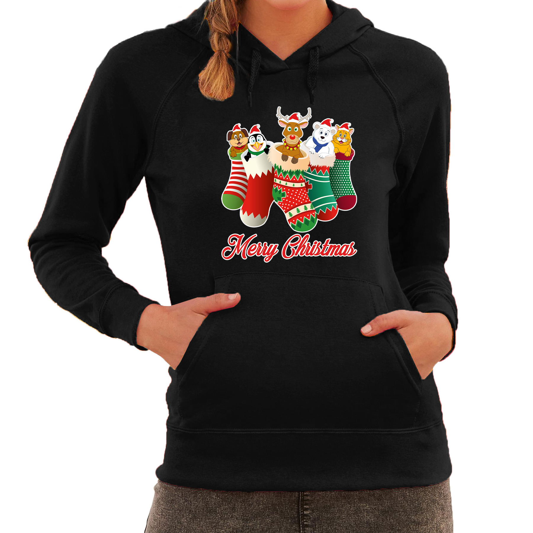 Kerstsokken Merry Christmas foute Kerst hoodie-hooded sweater zwart voor dames