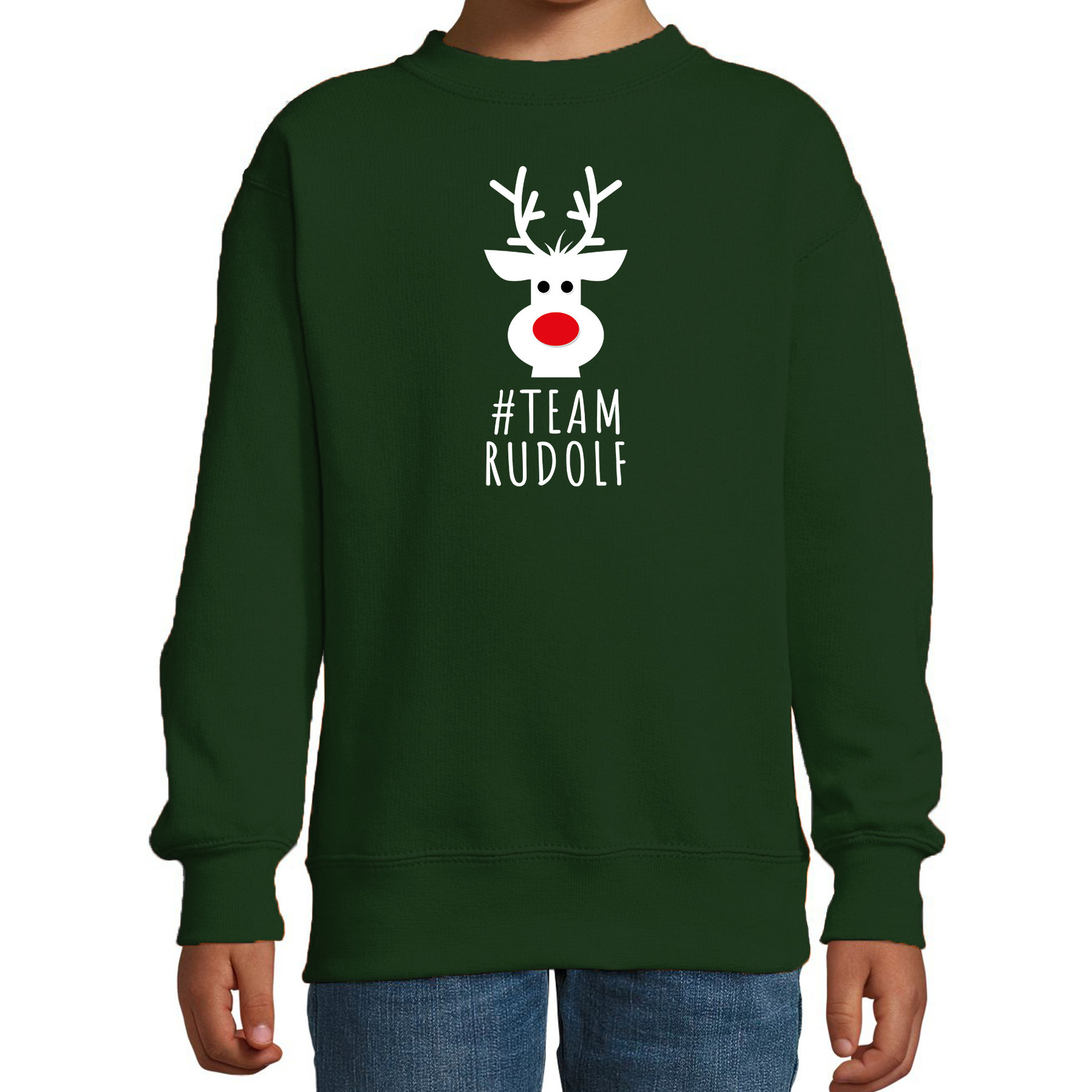 Kersttrui-sweater voor kinderen team Rudolf groen