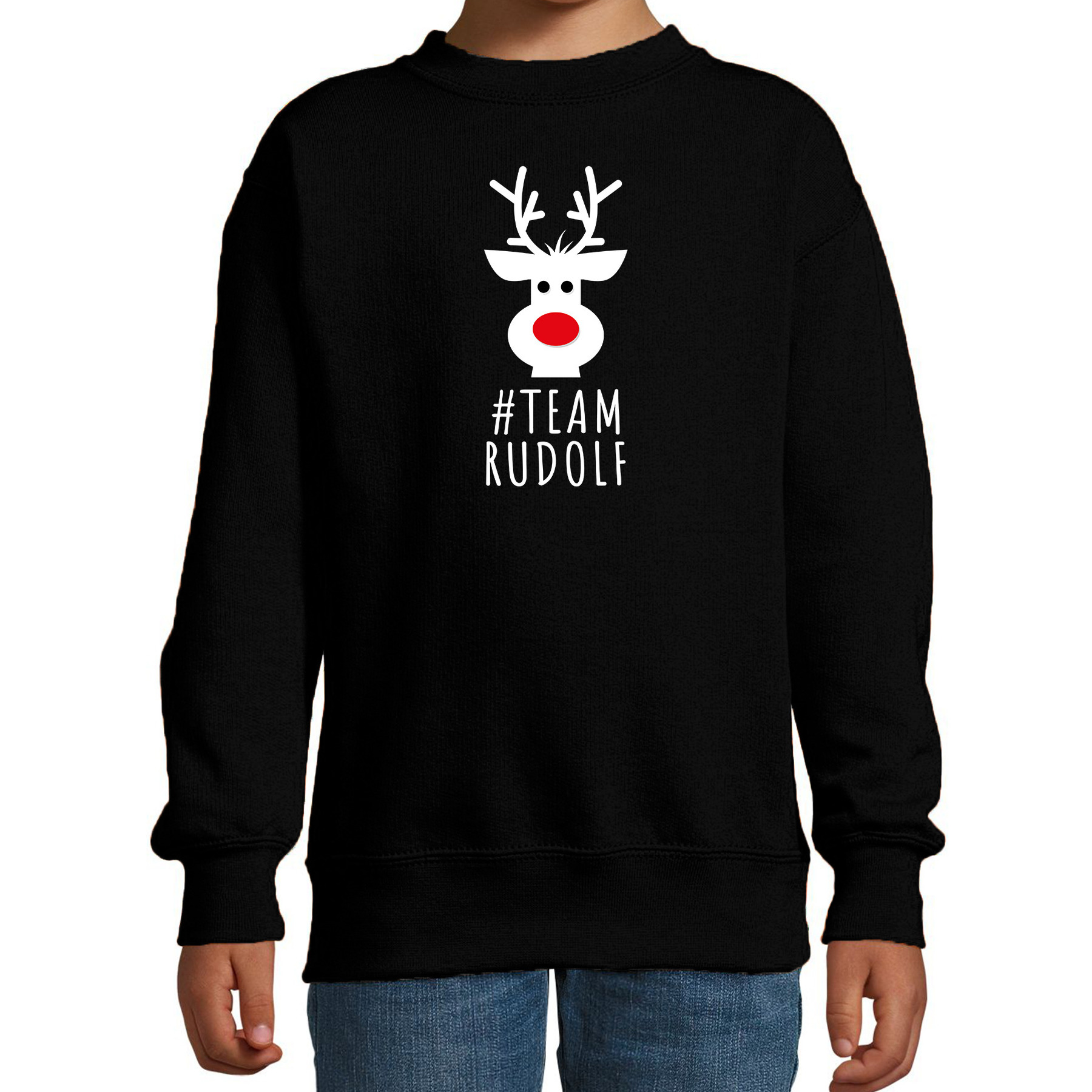 Kersttrui-sweater voor kinderen team Rudolf zwart