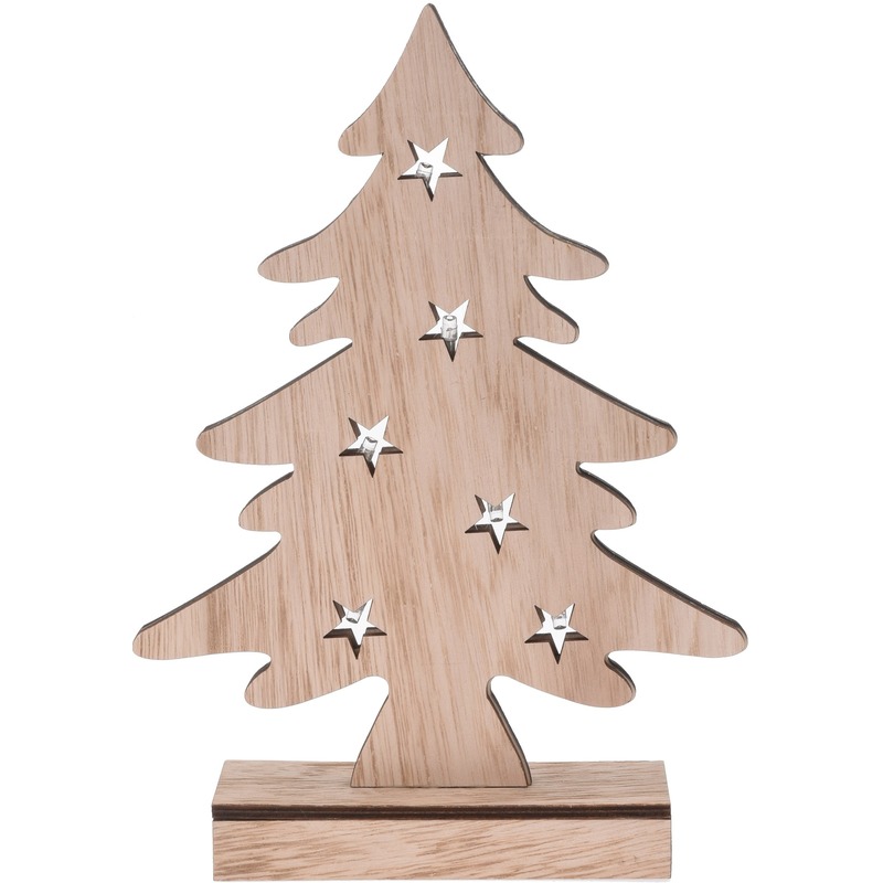 Kerstversiering houten mini kunst kerstboom 28 cm met verlichting
