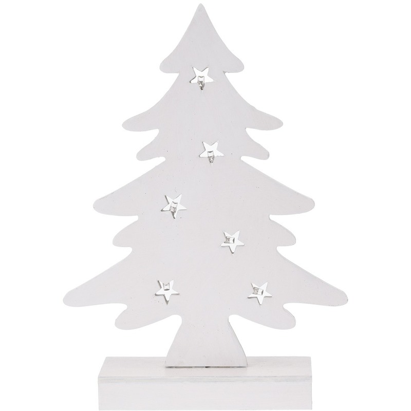 Kerstversiering witte houten mini kunst kerstboom 28 cm met verlichting
