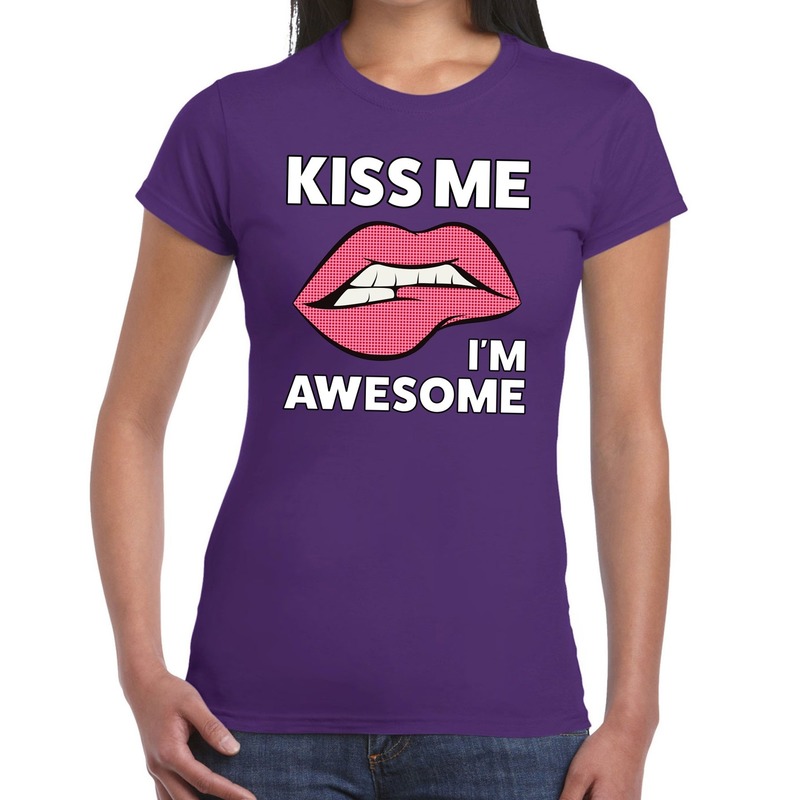 Kiss me i am awesome t-shirt paars dames