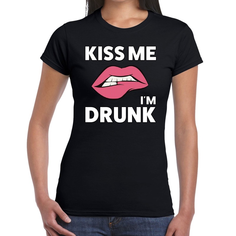 Kiss me i am drunk t-shirt zwart dames