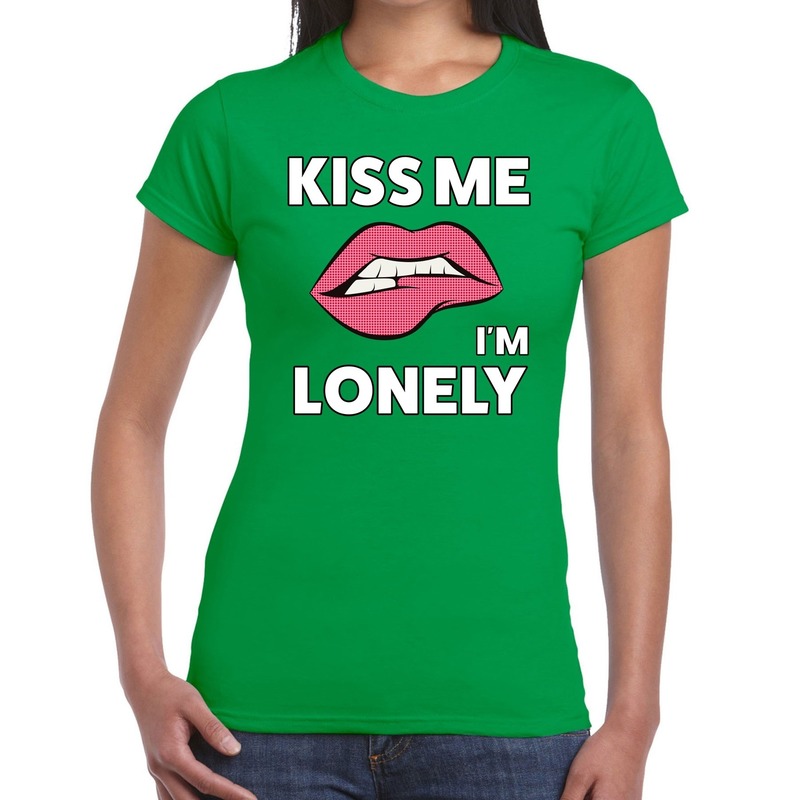 Kiss me i am lonely t-shirt groen dames