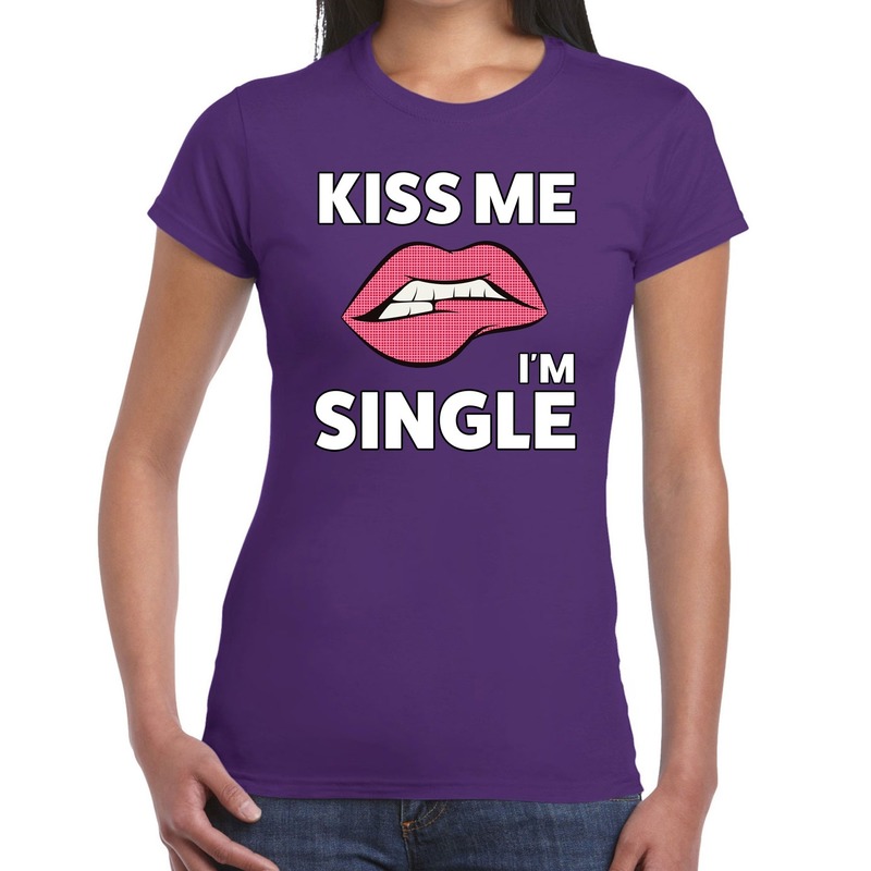 Kiss me i am single t-shirt paars dames