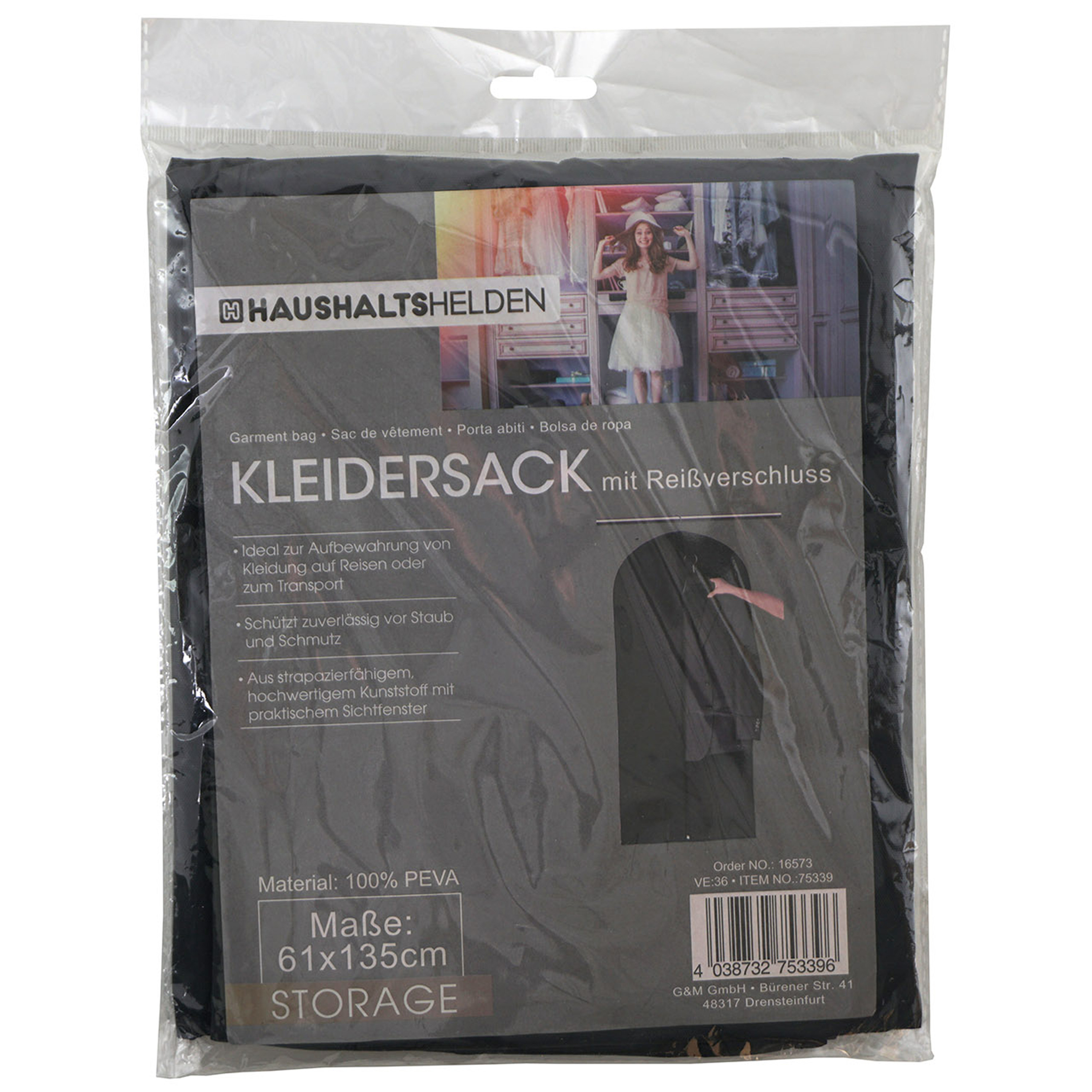 Kledinghoes beschermhoes met rits zwart polyester 61 x 135 cm