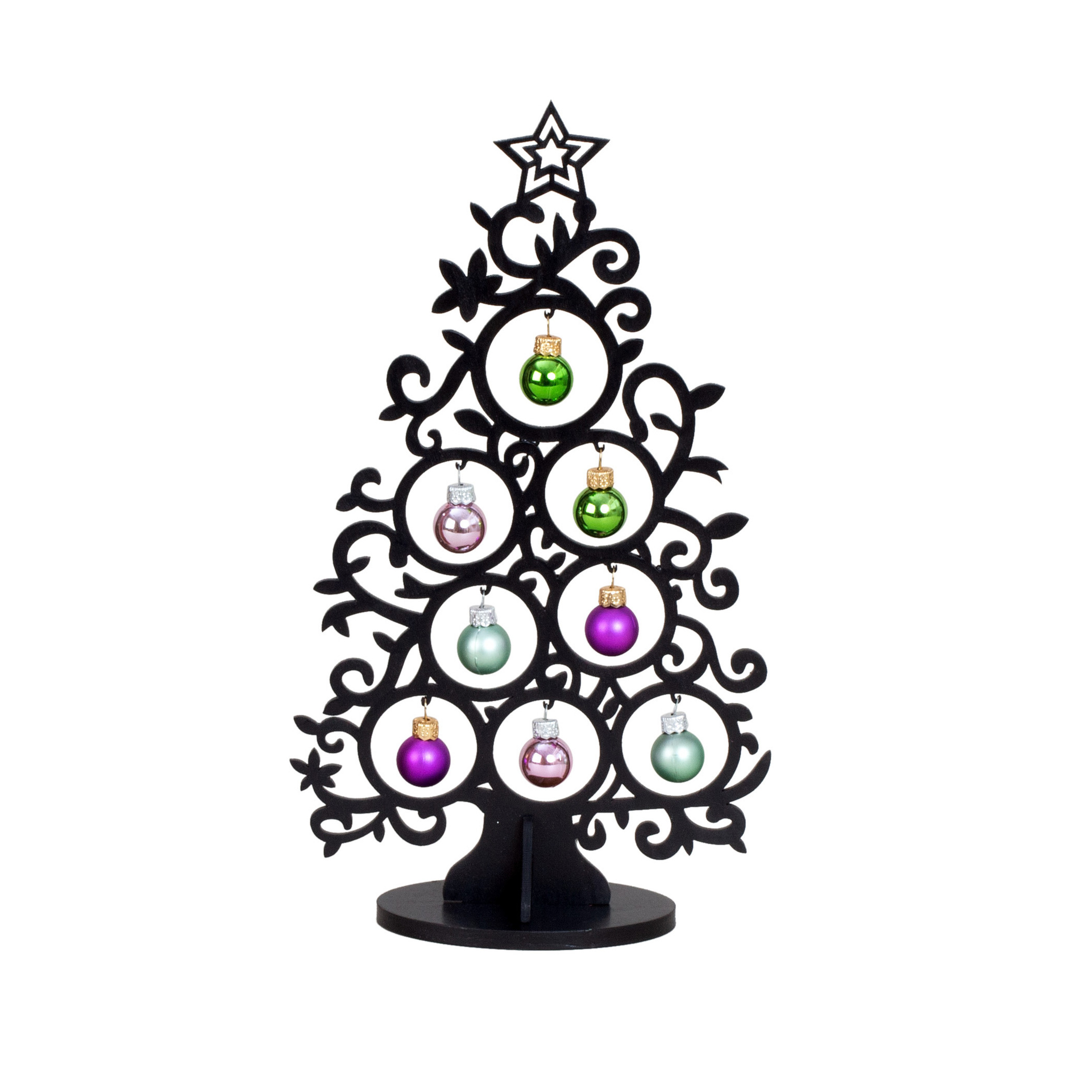 Klein decoratie kerstboompje zwart met kerstballen H30,5 cm hout