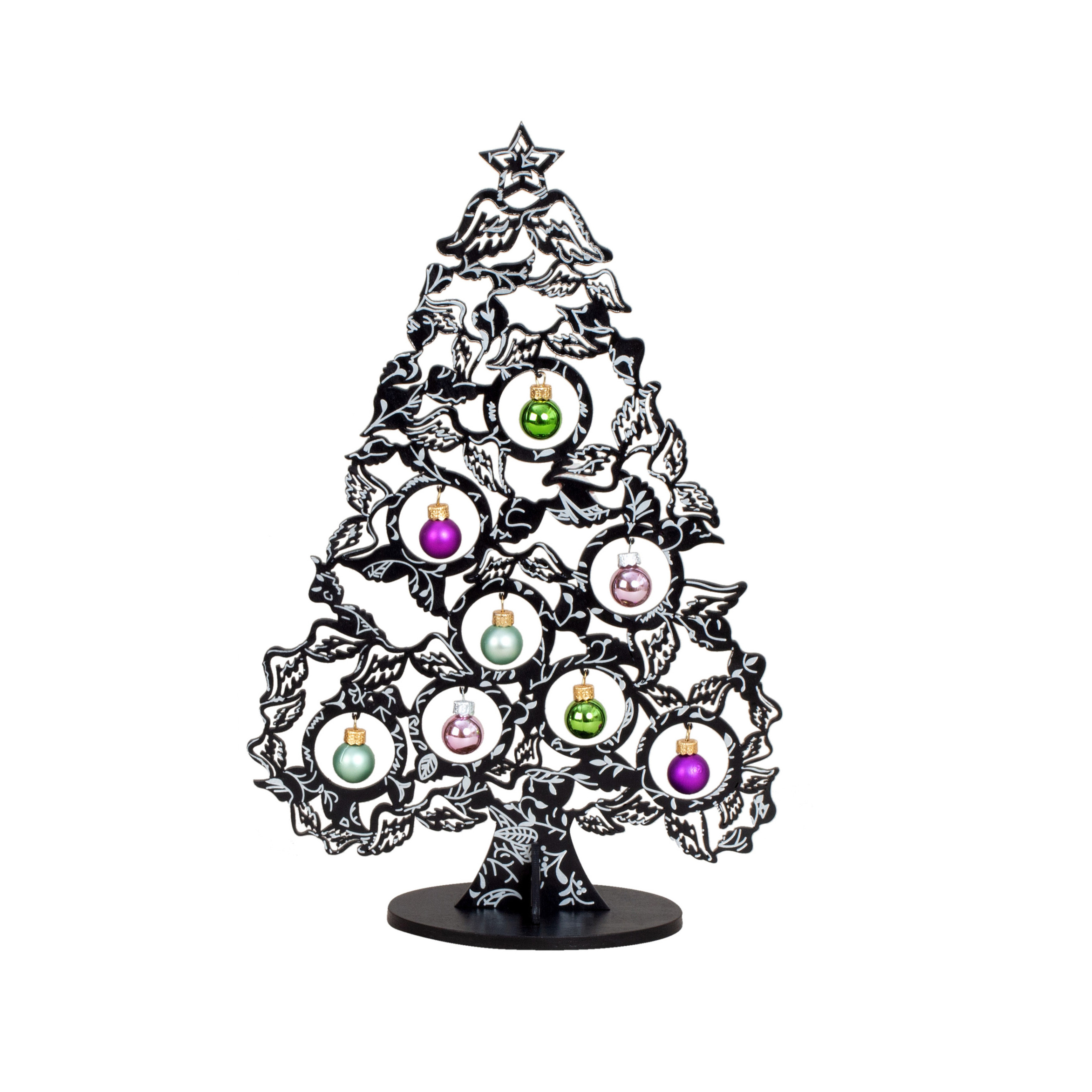 Klein decoratie kerstboompje zwart met kerstballen H38,5 cm hout