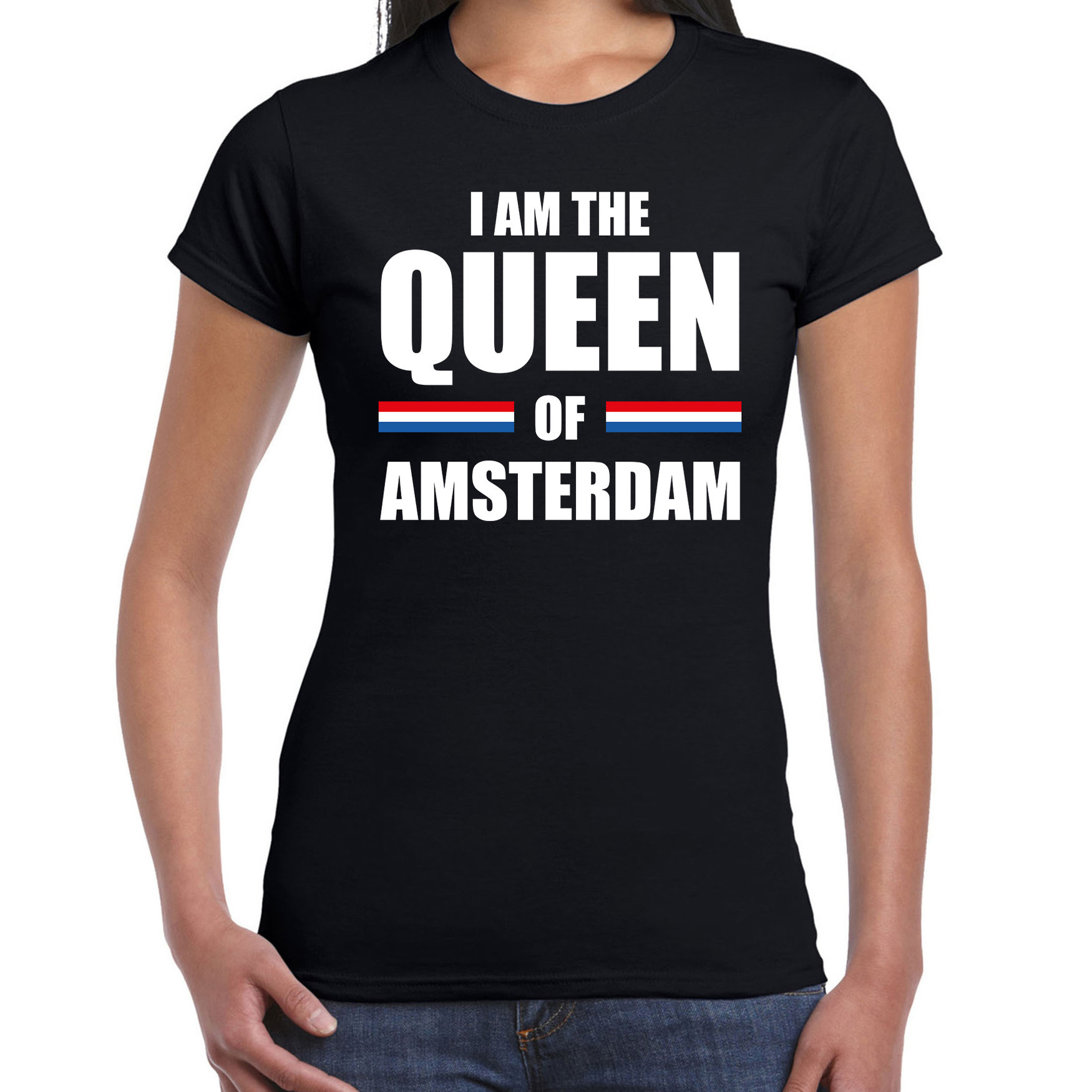 Koningsdag t-shirt I am the Queen of Amsterdam zwart voor dames