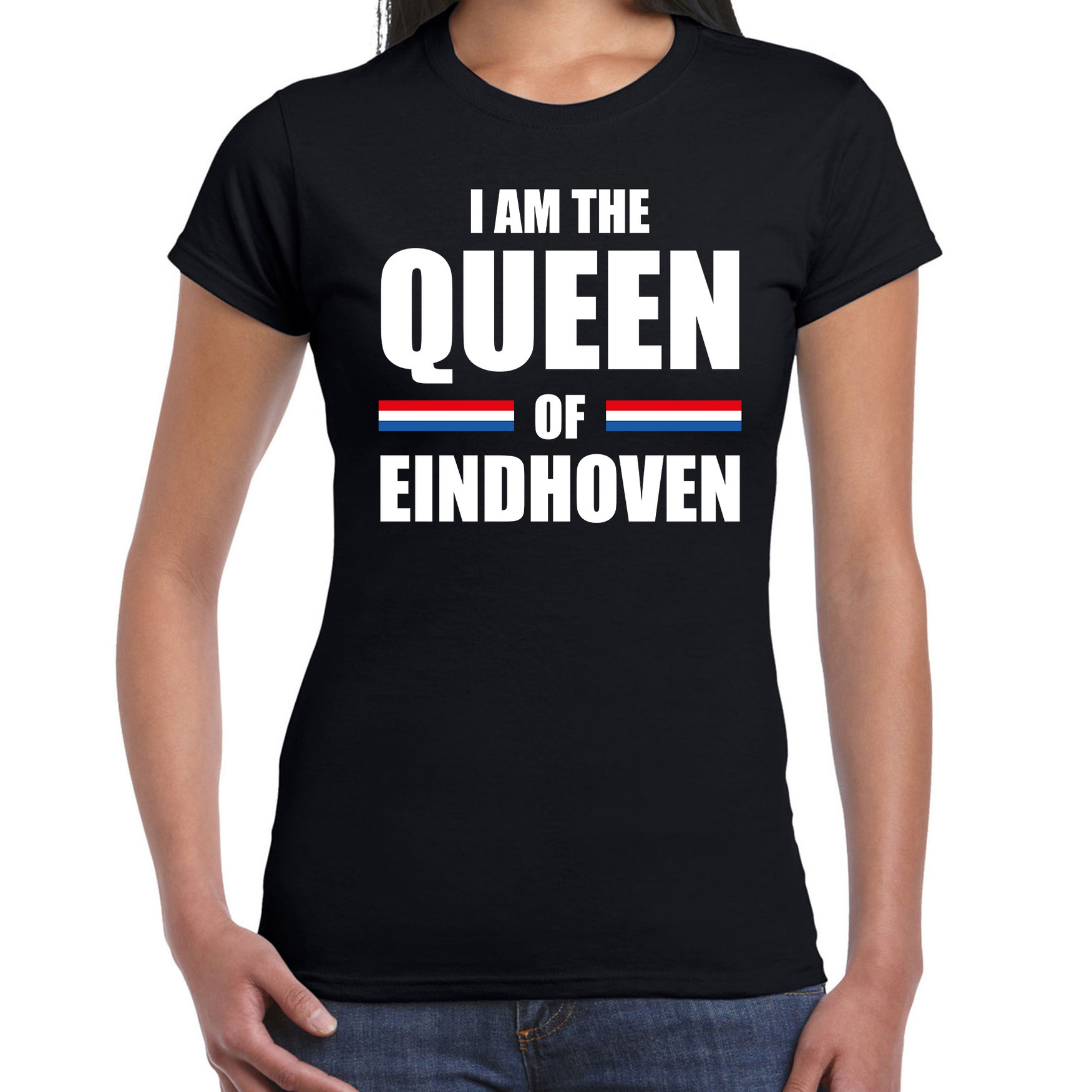 Koningsdag t-shirt I am the Queen of Eindhoven zwart voor dames