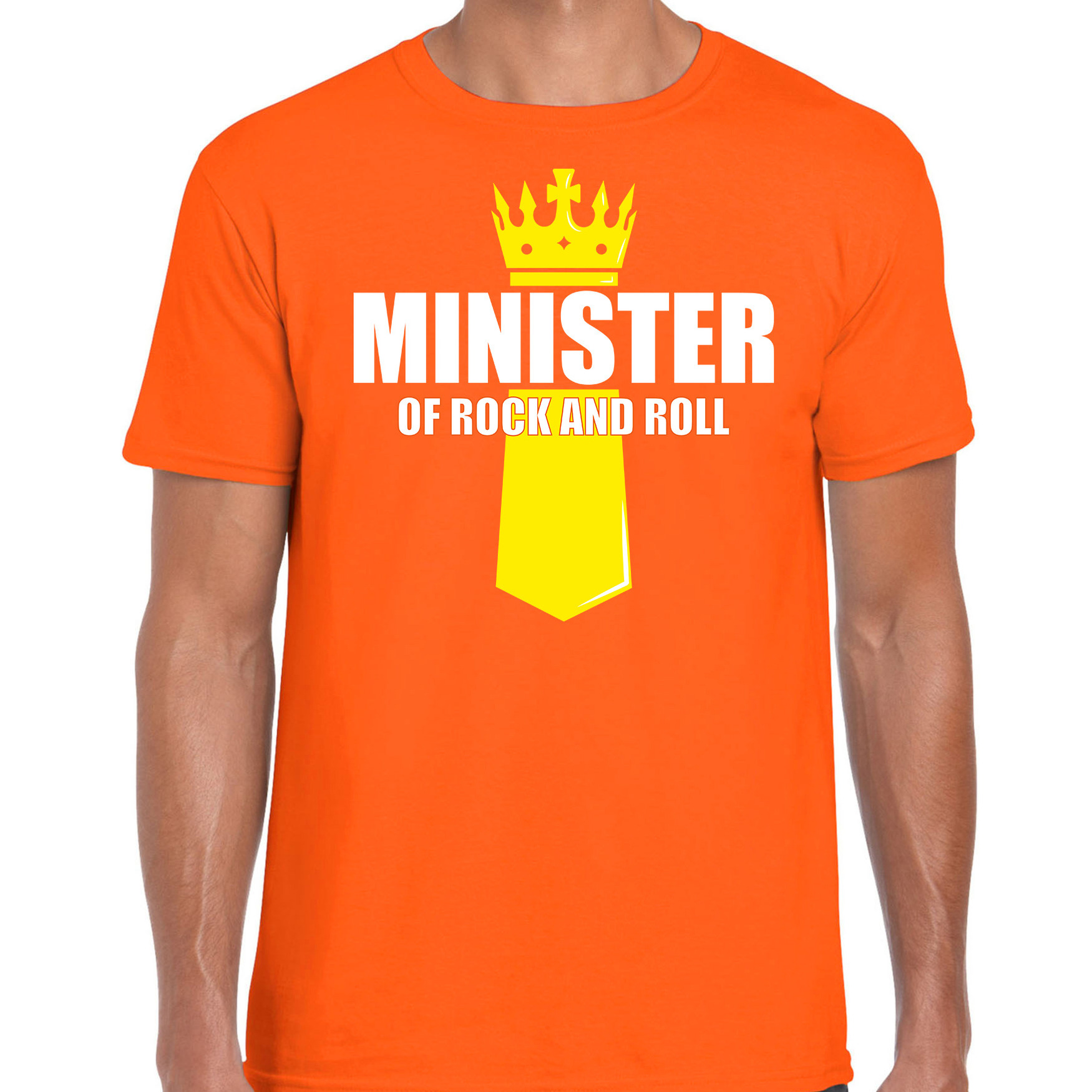 Koningsdag t-shirt Minister of rock N roll met kroontje oranje voor heren