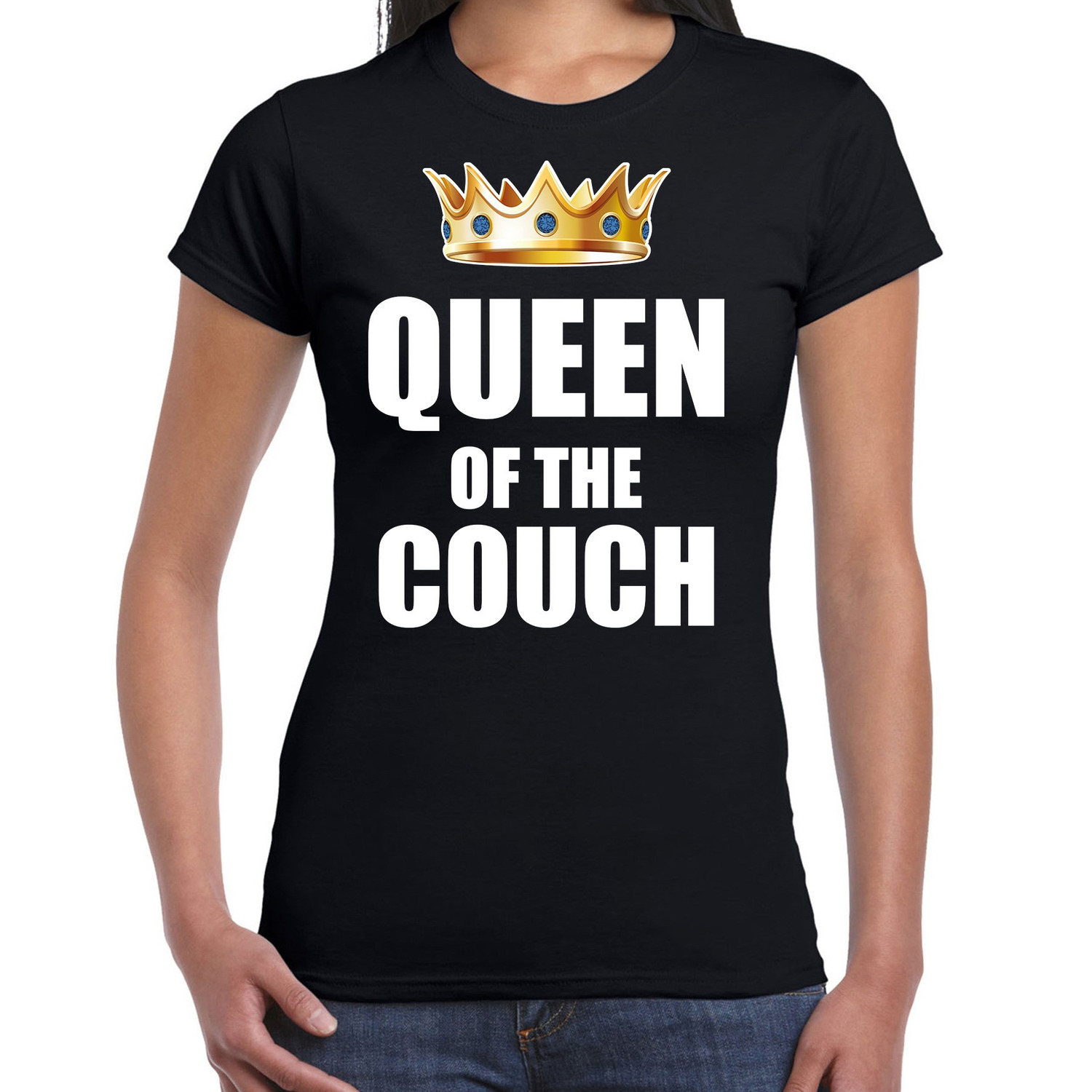 Koningsdag t-shirt queen of the couch zwart voor dames