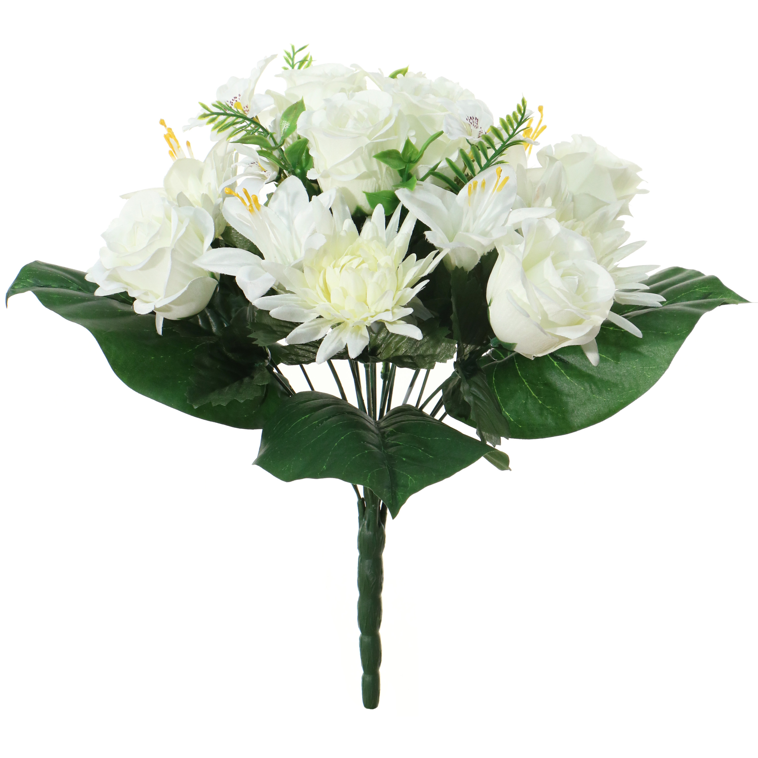 Kunstbloemen boeket roos-orchidee-chrysant wit H36 cm Bloemstuk Bladgroen
