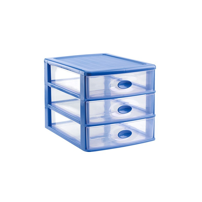 Ladeblok-bureau organizer met 3x lades blauw-transparant L35,5 x B27 x H27 cm